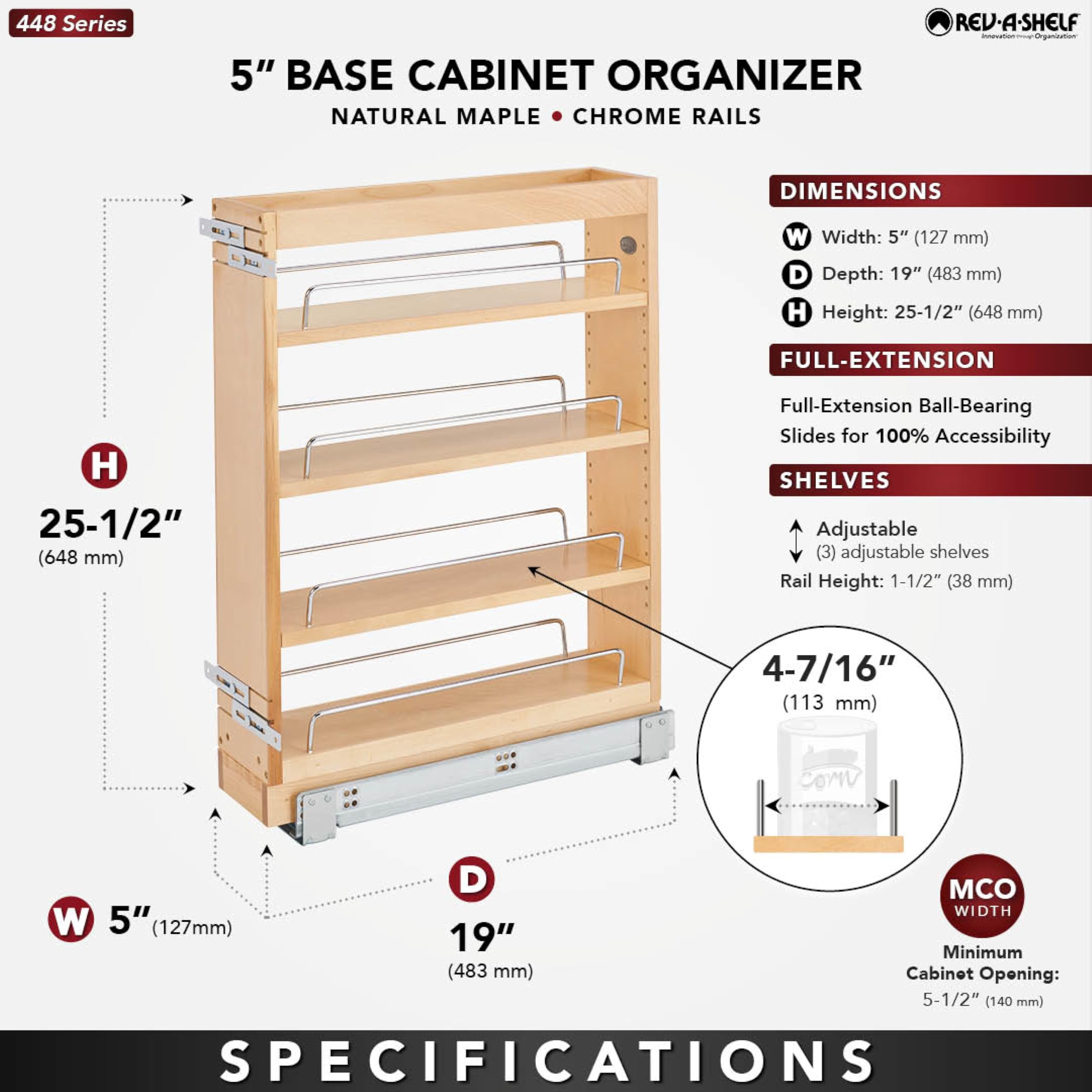 Rev-A-Shelf Pull Out Base Cabinet Organizer - Adjustable Shelves for Kitchen & Bathroom Storage - Solid Maple Wood Drawer Organizer (Model 448-BC19-5C) - Perfect for Pots, Pans & Toiletries Organization