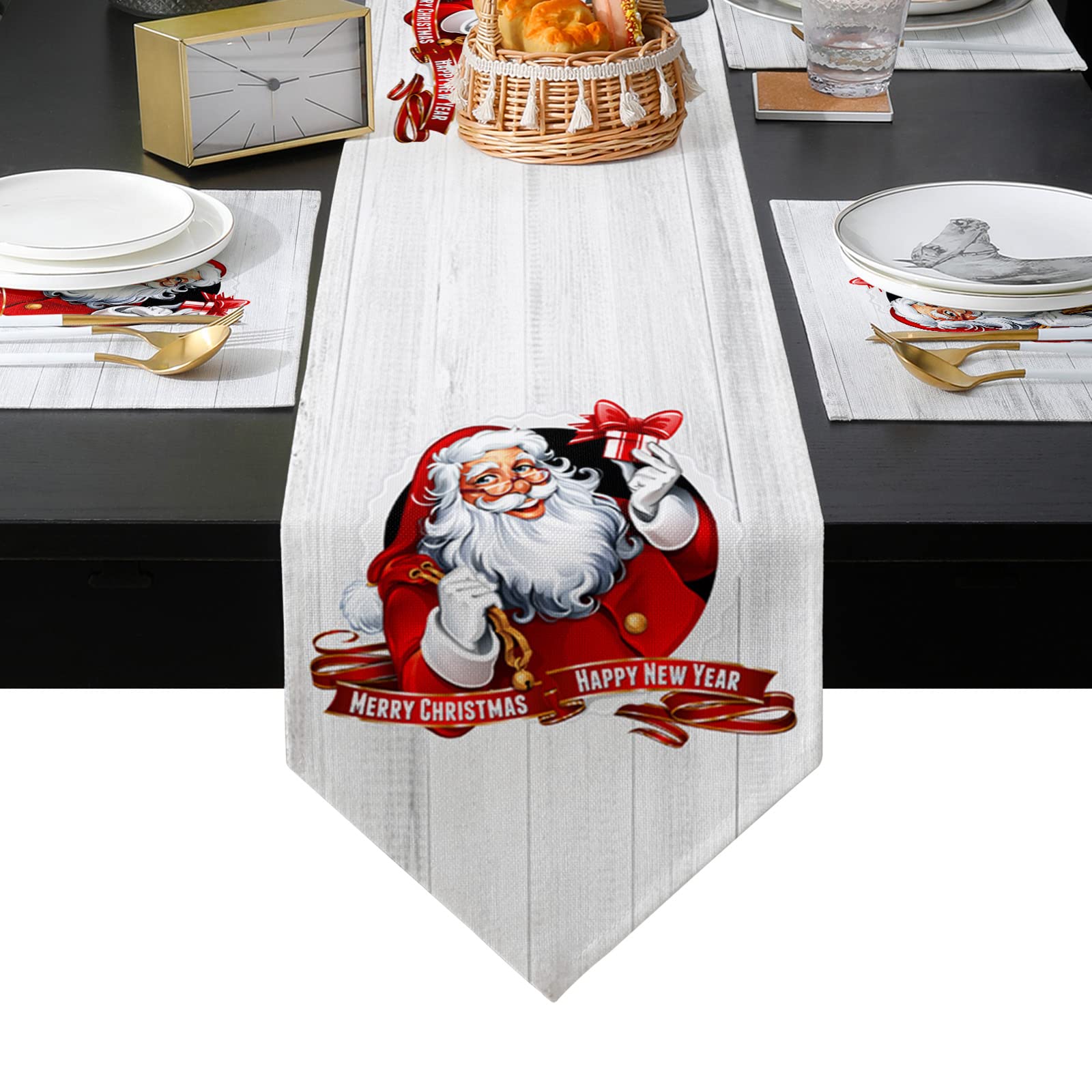 Burlap Christmas Table Runner Set with 4 Placemats - 13x70 Inch Holiday Table Decor for Home, Hotel & Party | Santa Claus Design for Christmas & New Year Celebrations, Dining & Festive Gatherings