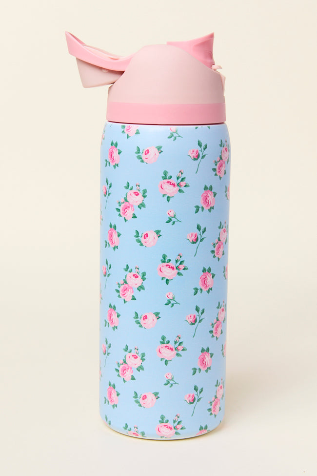 Coming Up Rosey Blue 32 Oz Water Bottle - Insulated Stainless Steel Leakproof Tumbler with Straw & Handle - Perfect for Gym, Hiking, Office & Travel