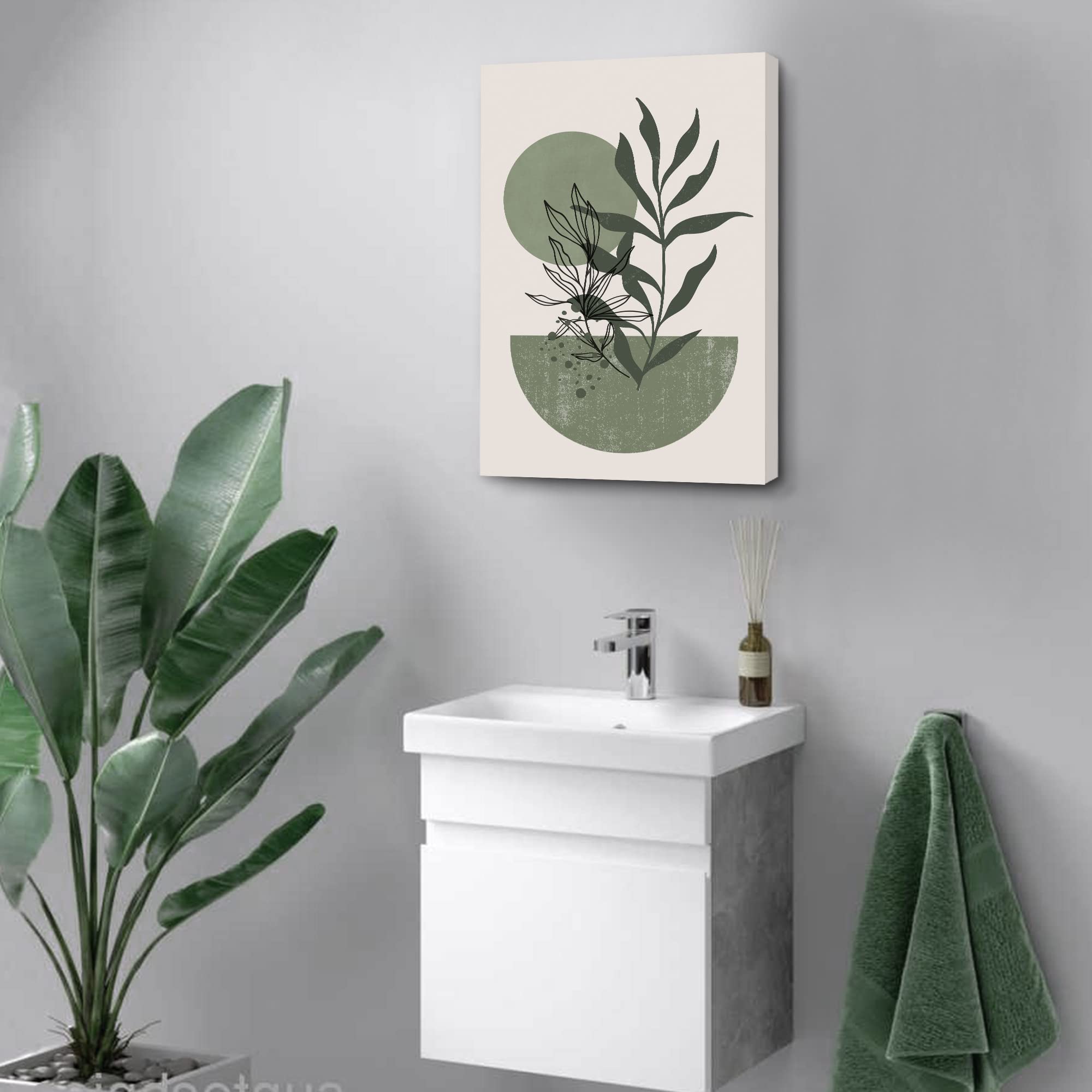 Sage Green Wall Posters & Prints - Set of 3 Boho Minimalist Framed Wall Art with Geometric Line, Leaf, Sun & Moon Designs on Beige Green Canvas Paintings | Perfect for Living Room, Bedroom & Office Decor