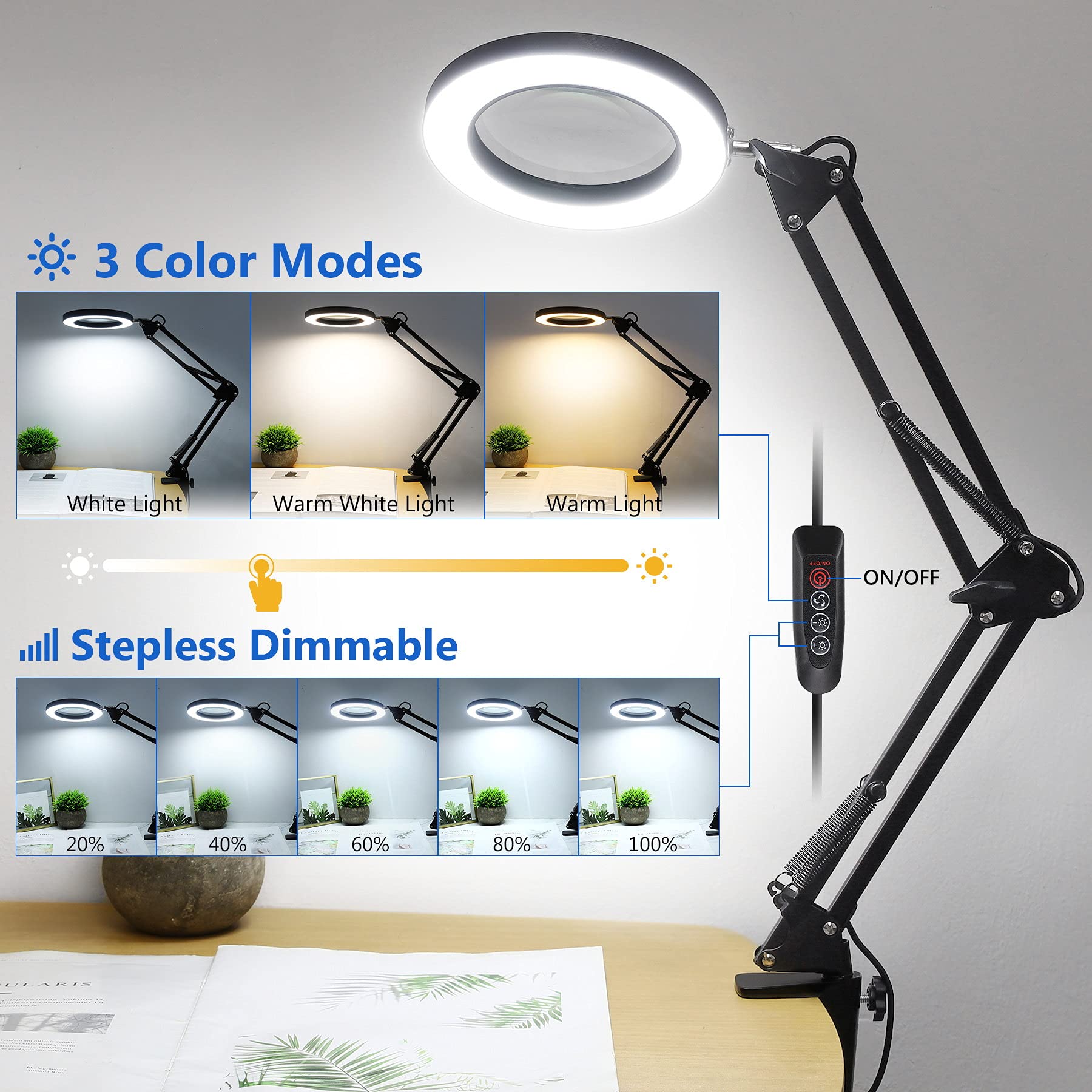 10X Magnifying Glass with Light and Stand - Veemagni Real Glass Magnifier with 3 Color Modes & Stepless Dimming, Adjustable Swing Arm LED Desk Lamp for Reading, Crafts, Jewelry Repair, Soldering & Close Work (Ideal for Hobbyists, Watchmakers & Elderly)