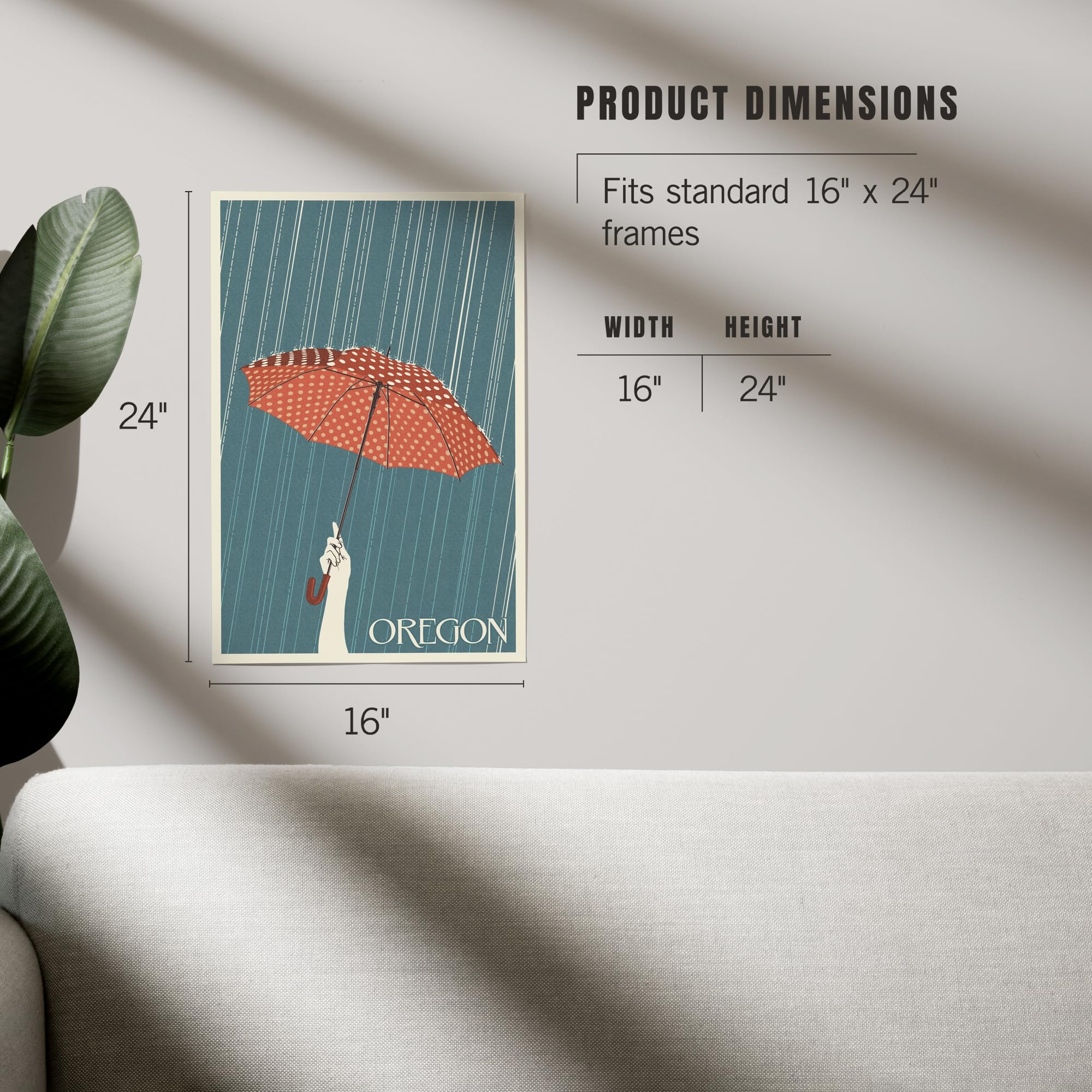 Lantern Press 16x24 Inch Giclee Print - Oregon Umbrella Letterpress Art - Wall Decor for Living Room, Bedroom & Office