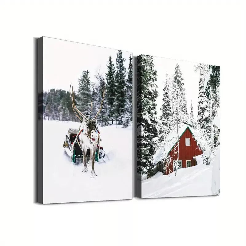 2Pcs Winter Wonderland Snowy Trees Deer Framed Wall Art Canvas Print 50x75cm - High Quality Australian Made Ready to Hang - Perfect for Living Room, Bedroom & Holiday Home Decor