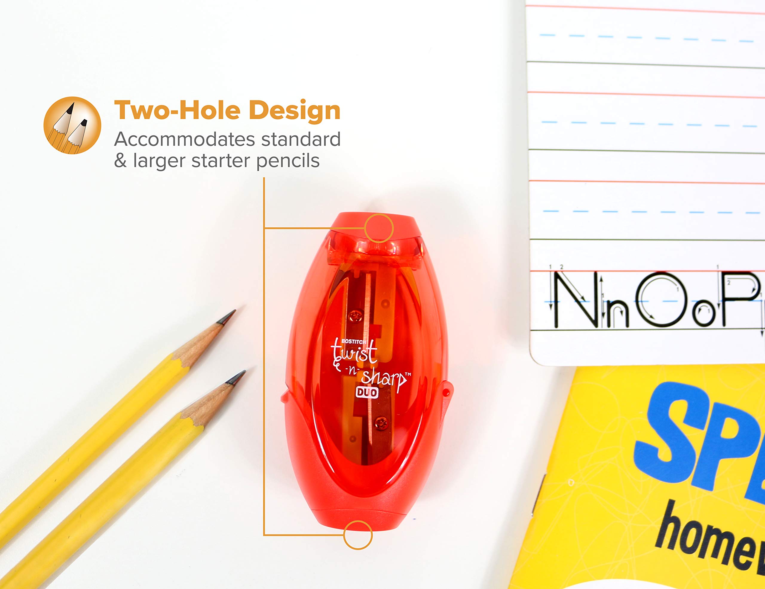 Bostitch Twist-N-Sharp Manual Pencil Sharpener - Dual Hole for Standard & Jumbo Pencils with Ratchet Technology - Random Color - Perfect for Office, School, and Art Projects