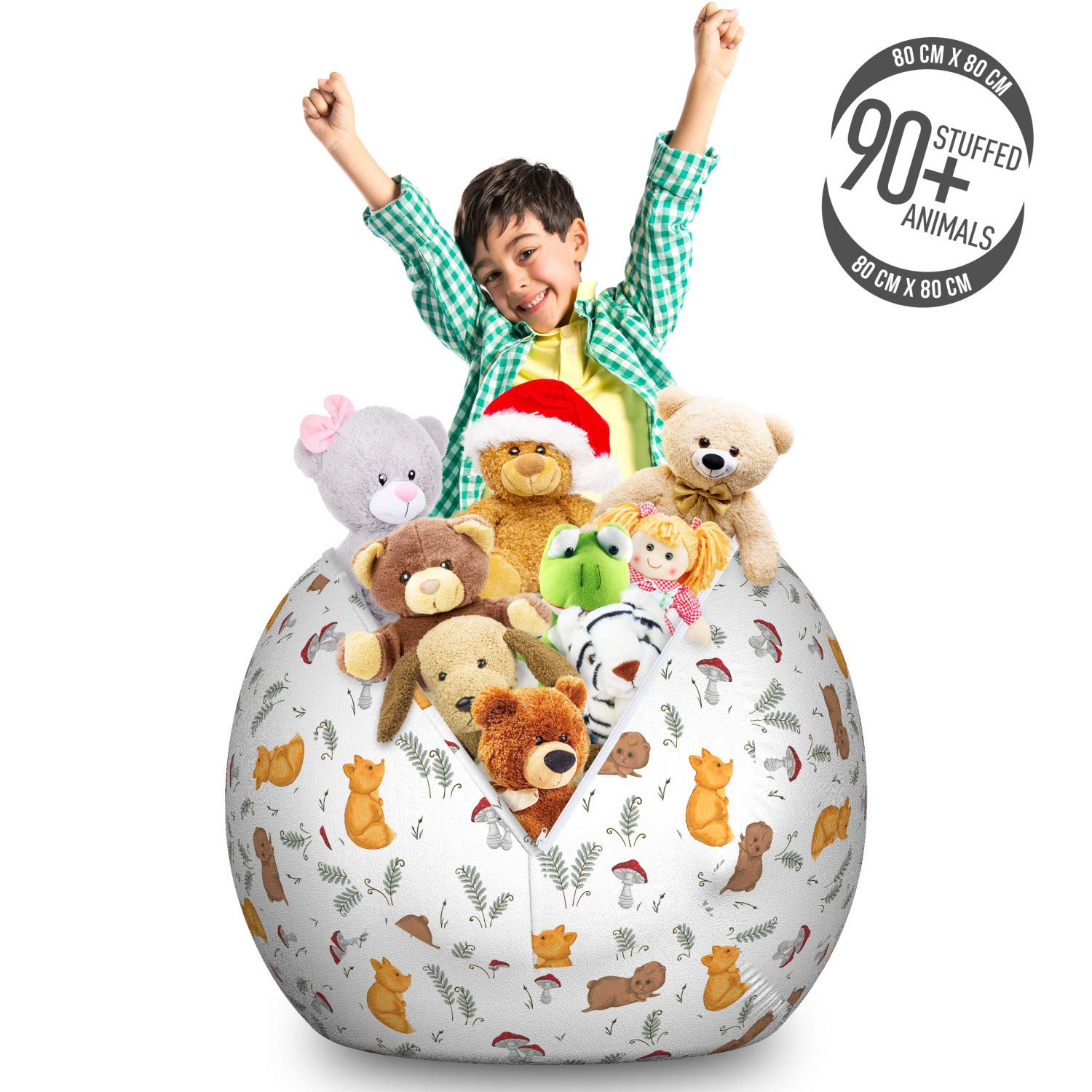 Ambesonne Cartoon Toy Storage Bag Chair - Large Washable Stuffed Animal Organizer with Fox, Teddy Bear, Mushrooms & Fern Pattern - Perfect for Kids' Room, Playroom & Nursery Organization