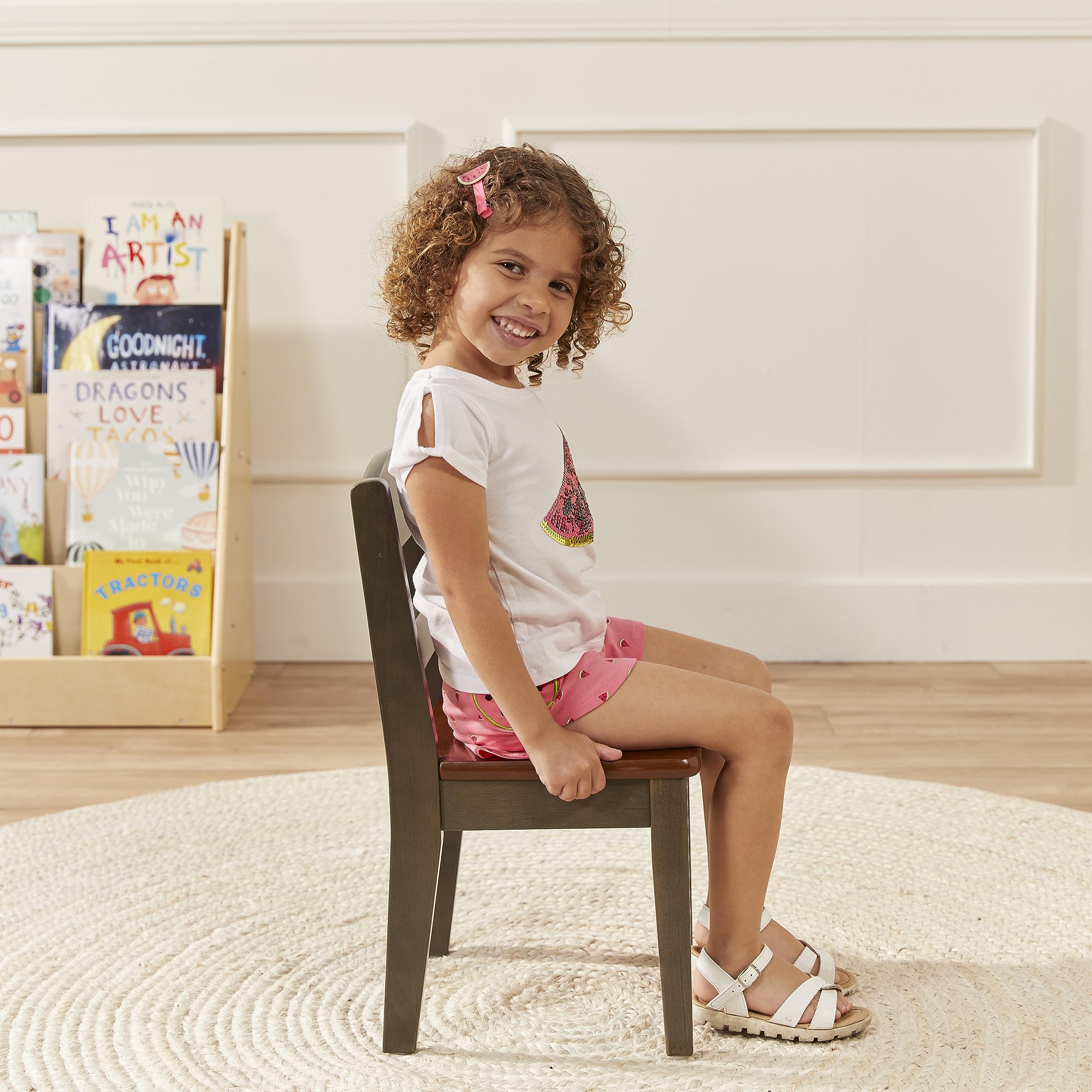 ECR4Kids Hideaway Table and Chair Set - 3-Piece Kids Furniture for Playroom, Classroom or Home - Dark Walnut & Grey Wash Wooden Study Desk with Foldable Chairs
