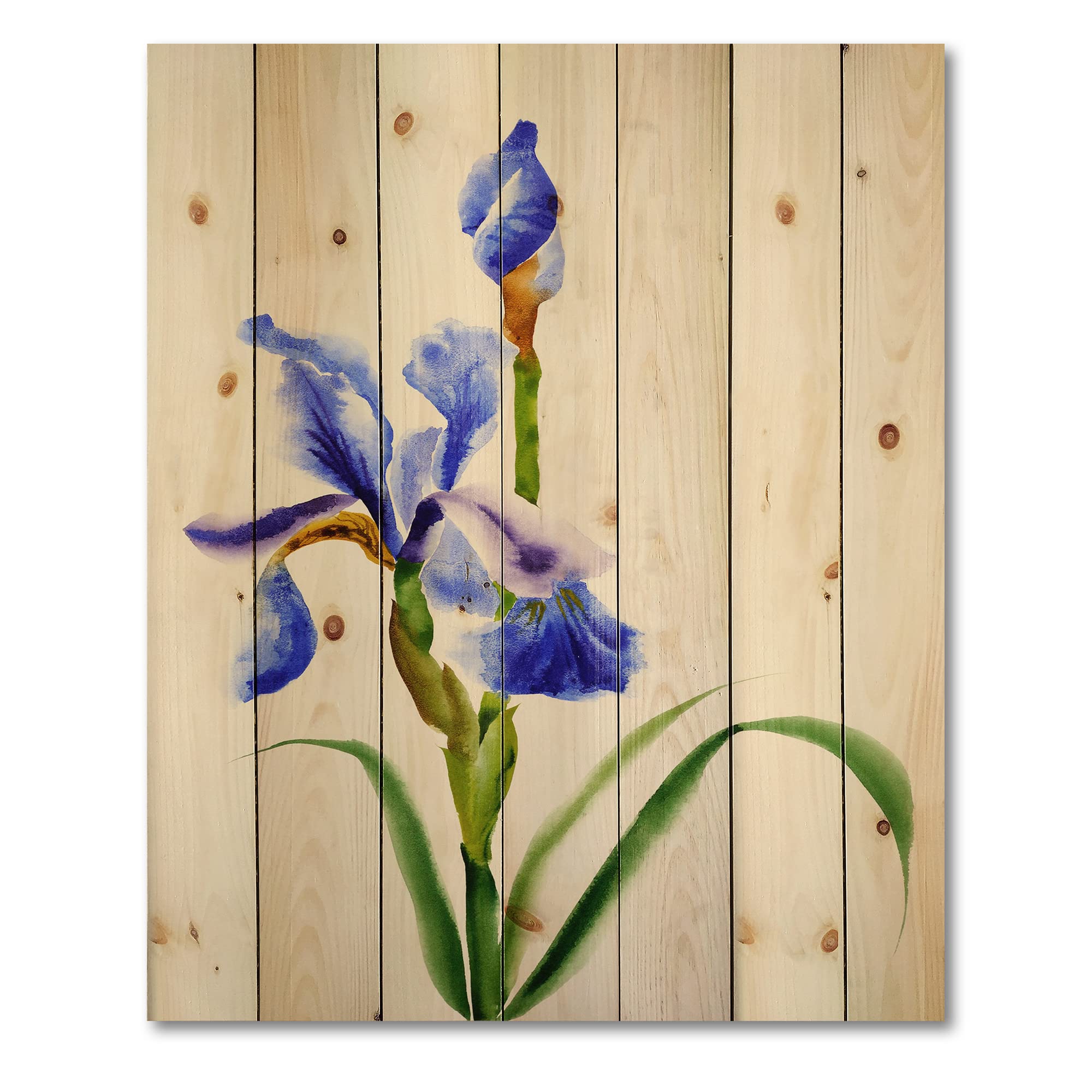 DesignQ Retro Blue Iris Flower Traditional Wood Wall Decor - Handcrafted Large Floral Wood Wall Art Panels Printed on Natural Pine - Perfect for Living Room, Bedroom & Office Wall Decoration