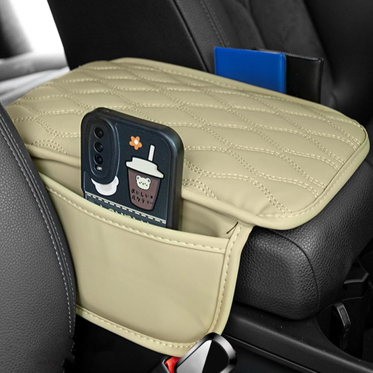 LEIWOOR Universal Car Center Console Cover with 2 Storage Pockets - Soft Armrest Cushion Pad for Most Vehicles - Beige Interior Accessories | Perfect for Long Drives & Daily Commutes