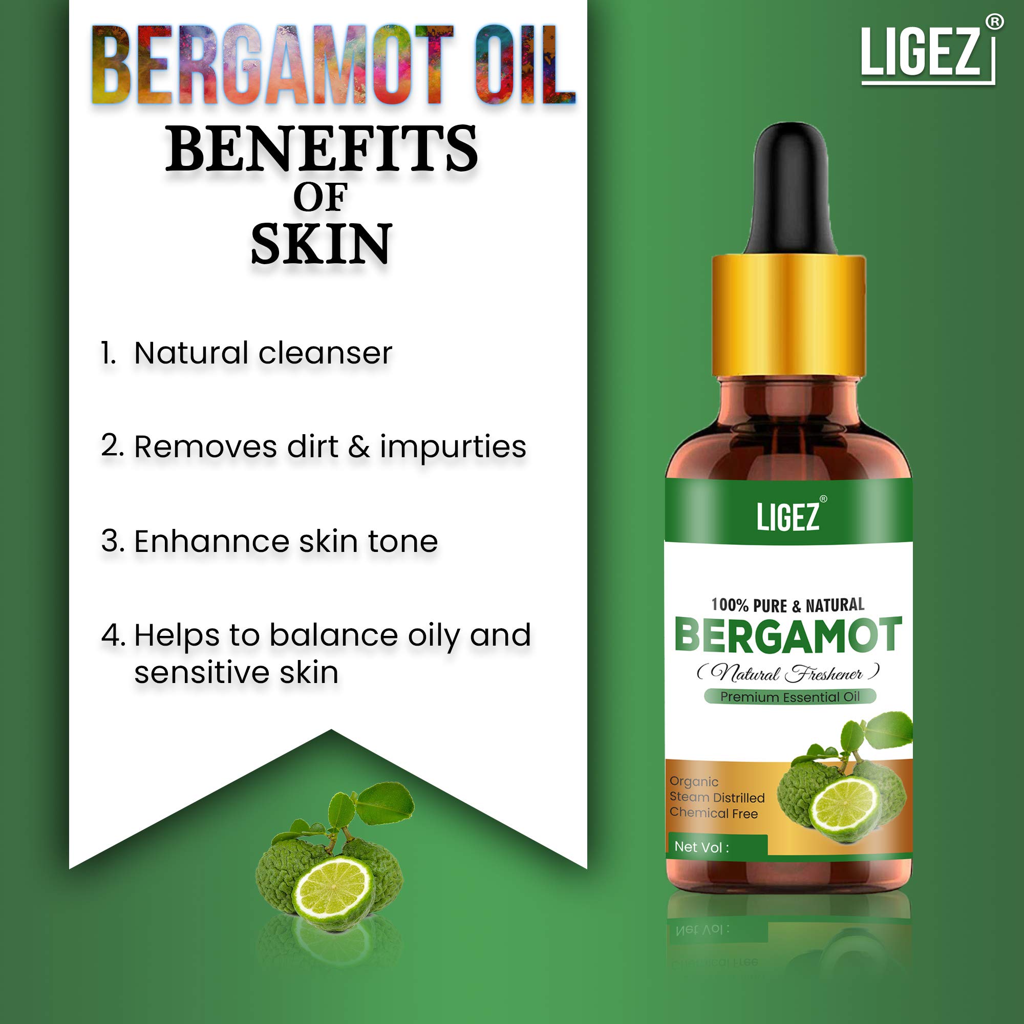 Ligez 100% Pure Natural Bergamot Essential Oil - 2 Pack (30ml Each) for Aromatherapy, Diffuser, Massage & Stress Relief
