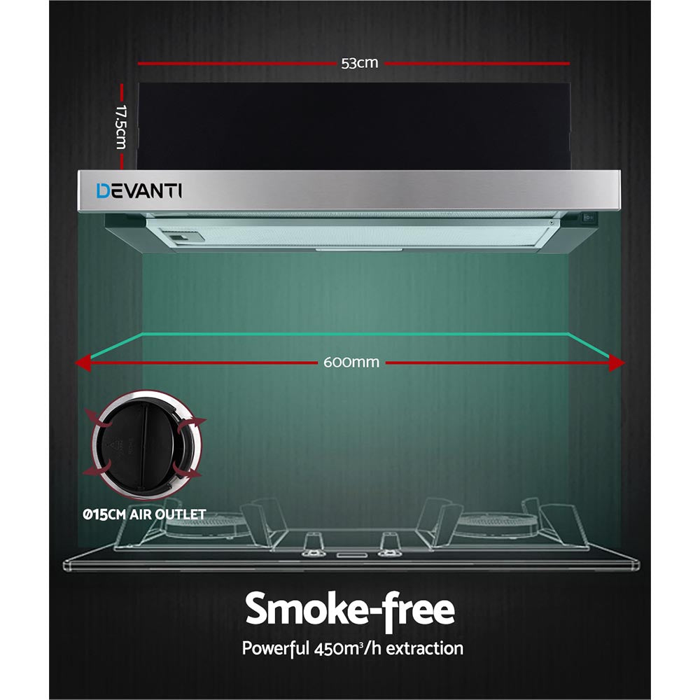 Devanti 600mm Stainless Steel Slide Out Range Hood - 60cm Kitchen Extractor Fan for Modern Homes | Perfect for Apartments & Open-Plan Kitchens