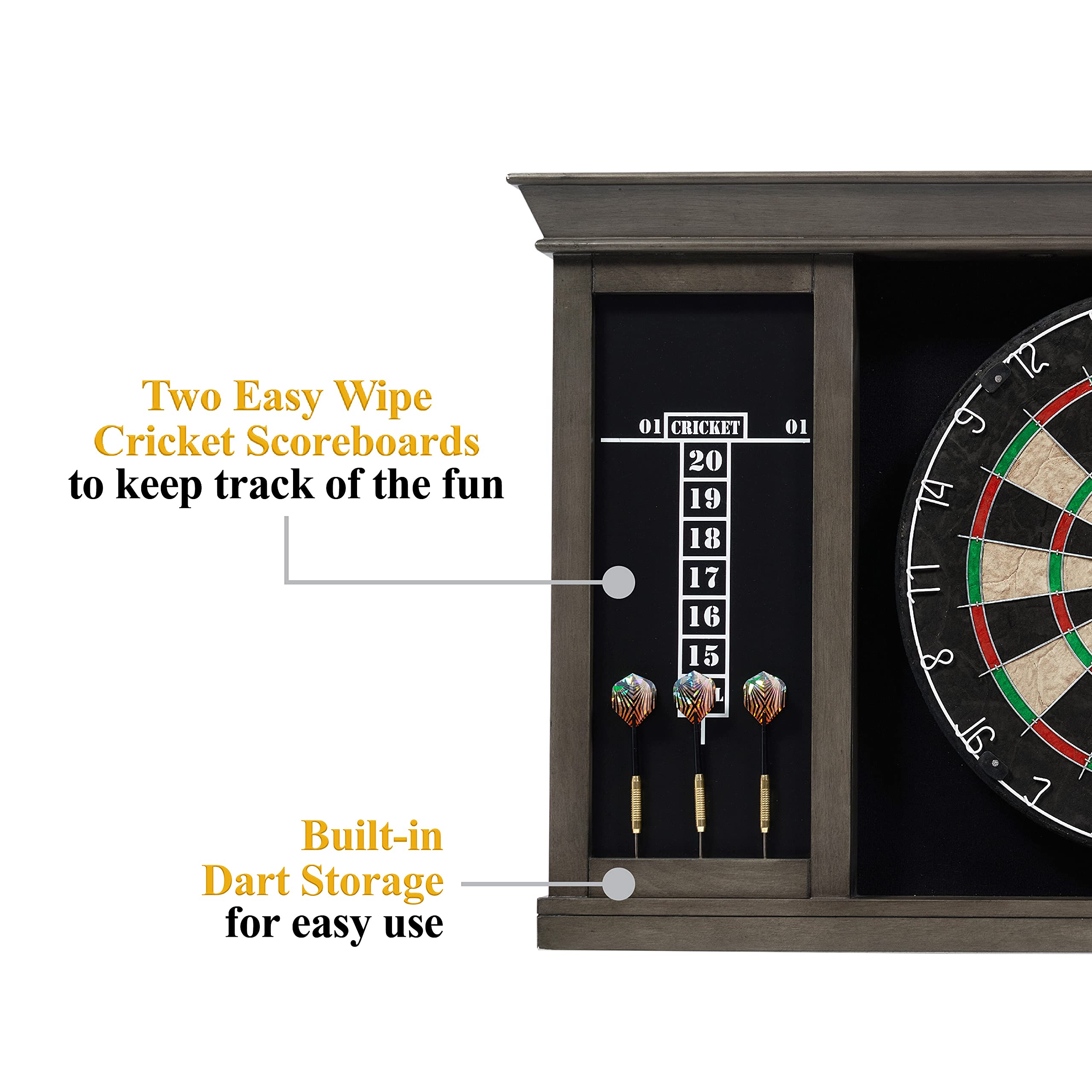Barrington Wooden Dartboard Cabinet Set - 18” Bristle Dartboard with Steel Tip Darts | Pre-Assembled Cricket Game Accessories for Home, Office & Pub Entertainment