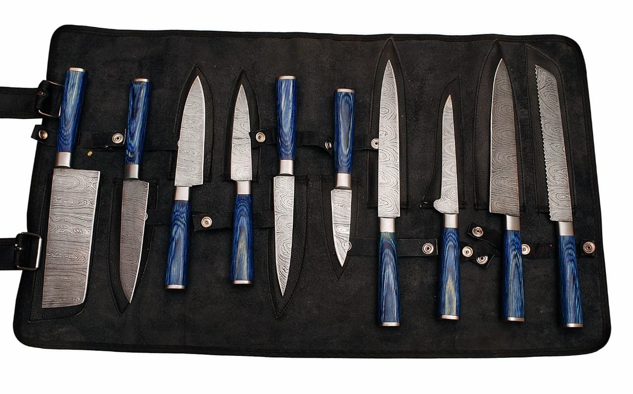 Premium Damascus Steel 10-Piece Professional Chef Knife Set - G25 Custom Kitchen Knives with Blue Wood Handle & Roll Bag - Perfect for Home Cooking, Restaurant Use, and Culinary Gifts