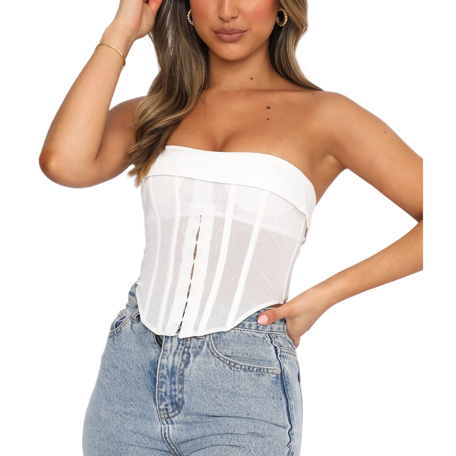 Sexy Strapless Off Shoulder Vintage Push Up Bustier Corset Top for Women - Sheer Mesh Boned Crop Top for Date Night & Burlesque Shows