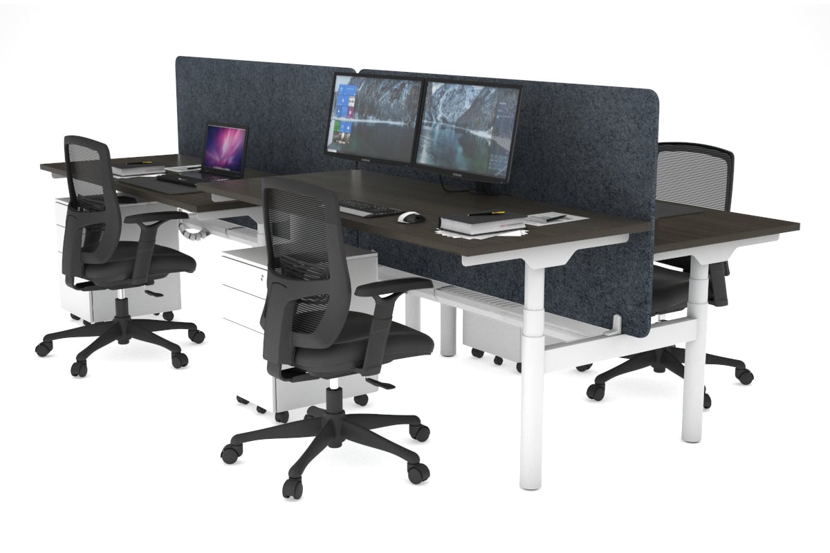 Flexi Premium Height Adjustable 4-Person H Bench Workstation - White Frame [1400L x 700W] - Ergonomic Office Desk for Collaborative Workspaces & Coworking Environments