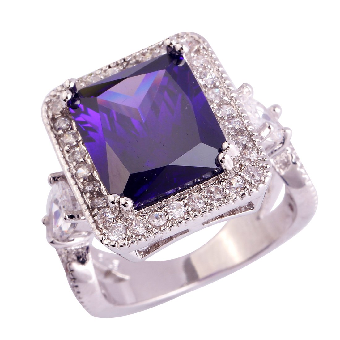 925 Sterling Silver Plated Simulated Amethyst Halo Statement Ring for Women - Elegant Anniversary Gift, Wedding Jewelry, Party & Evening Wear Accessory
