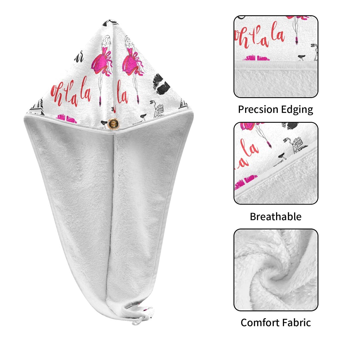 DOMIKING Bonjour Paris Eiffel Tower Hair Towel Wrap - 2 Pack Microfiber Hair Turban for Women, Quick Dry Anti-Frizz Hair Towel for Curly Hair - Perfect for Shower, Salon, Travel & Home Hair Care
