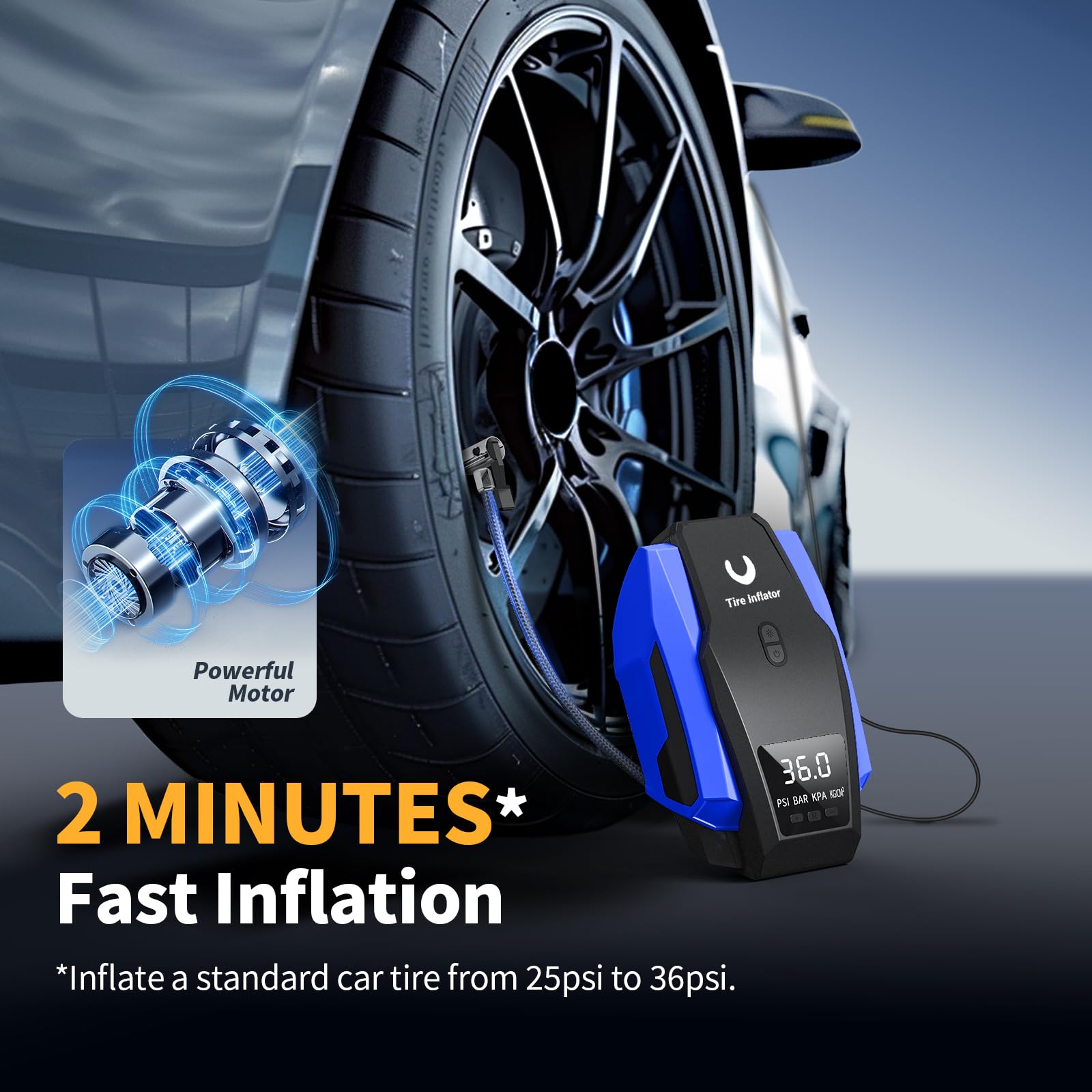 Portable Tire Inflator Air Compressor - 12V DC Car Air Pump with Auto Shutoff & LED Light for Cars, Bikes, Motorcycles - Emergency Roadside Assistance & Home Garage Use (Blue, Large)