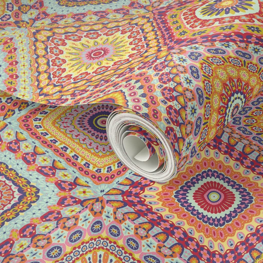 Peel & Stick Removable Wallpaper 9ft x 2ft - Spring Floral Kaleidoscope Boho Design for Bedroom, Living Room & Nursery | Easy DIY Home Decor by Spoonflower