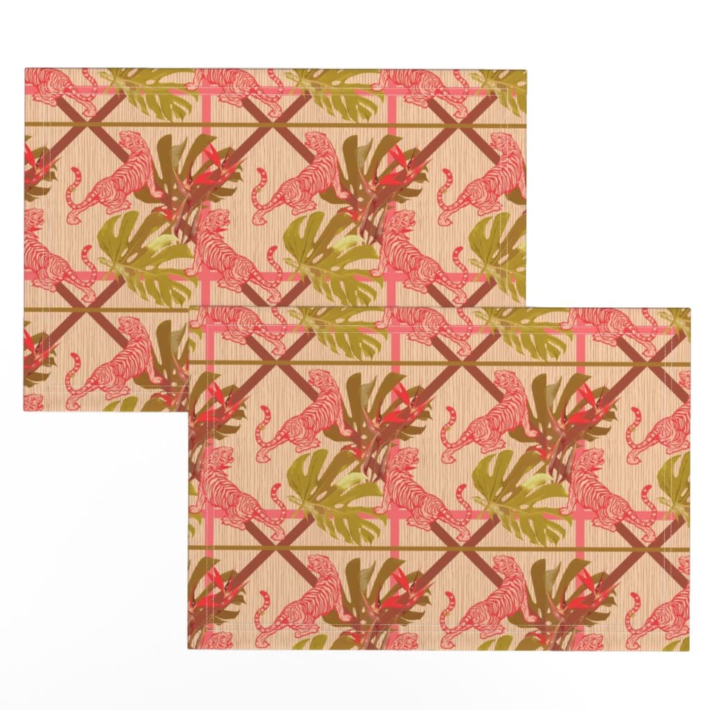 Spoonflower Linen Cotton Canvas Placemats Set of 2 - Pink Tropical Jungle Vintage Retro Tiger Print Table Mats for Dining Room, Kitchen Decor & Party Table Setting