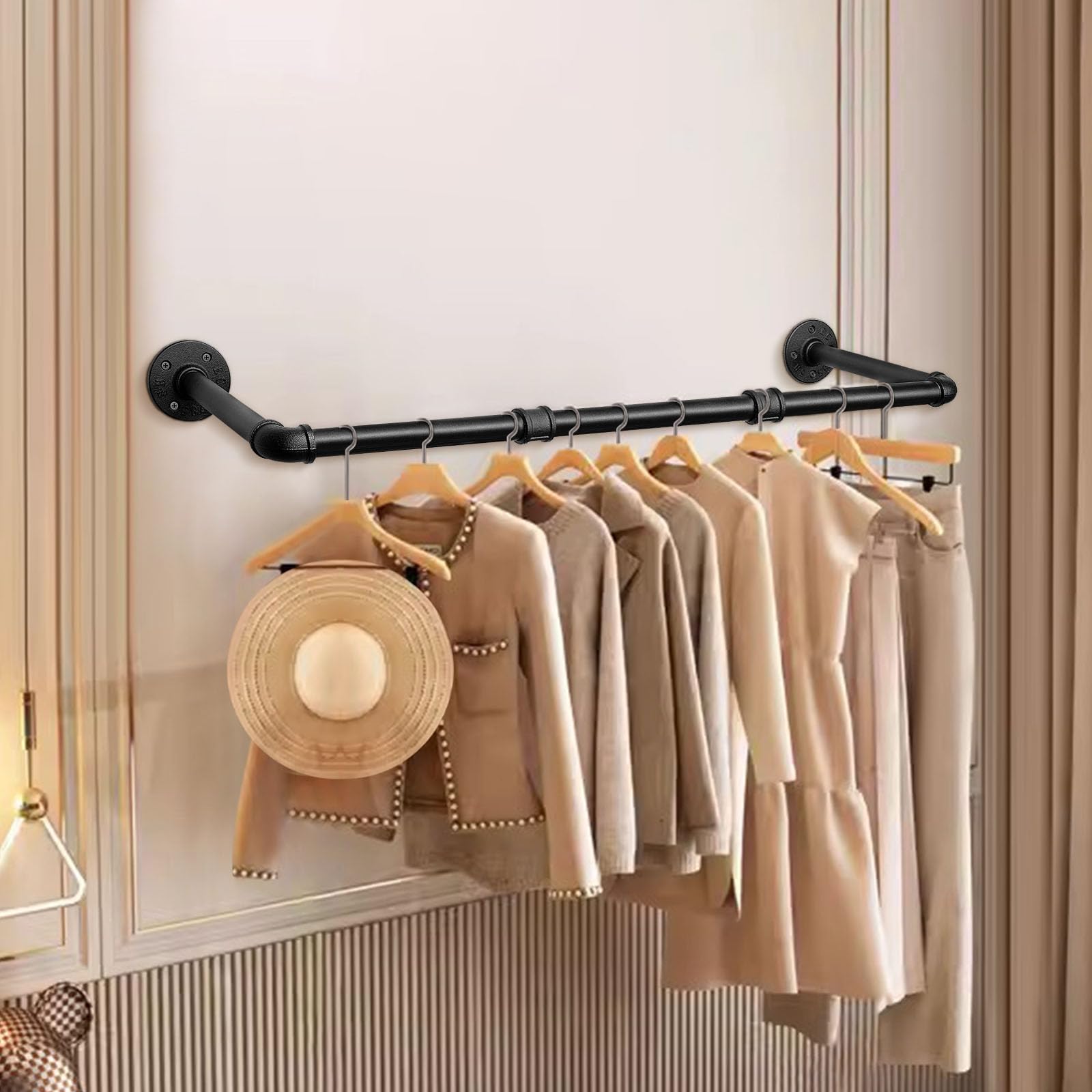 Heavy Duty Industrial Iron Pipe Clothes Hanging Bar - DIY Wall Mounted Garment Rack for Bedroom, Laundry Room & Closet Storage | Perfect for Organizing Clothes, Towels and Home Decor