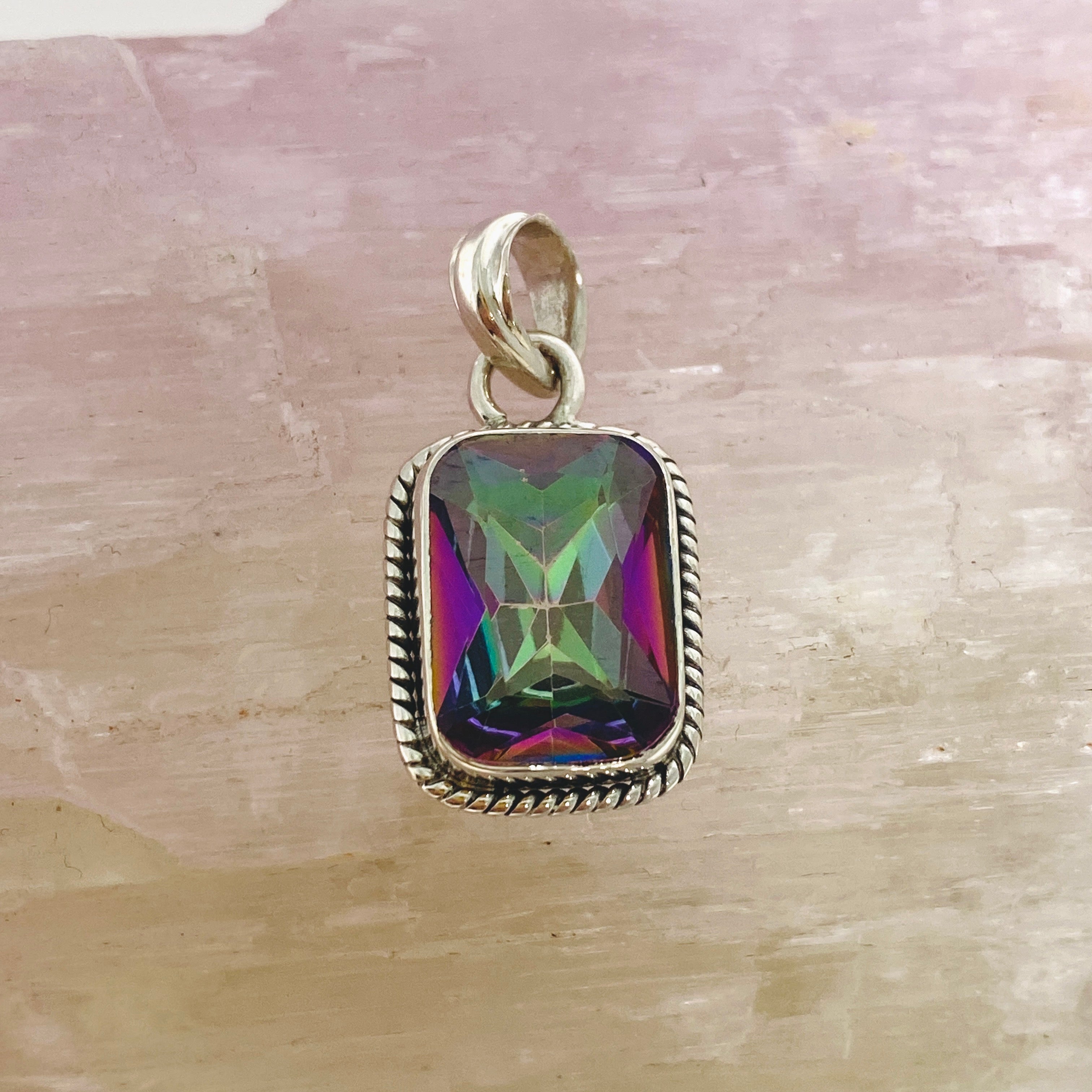 Stunning Mystic Topaz Rectangular Faceted Boho Pendant Necklace - KPGJ4591 | Perfect for Bohemian Style, Layering & Special Occasions