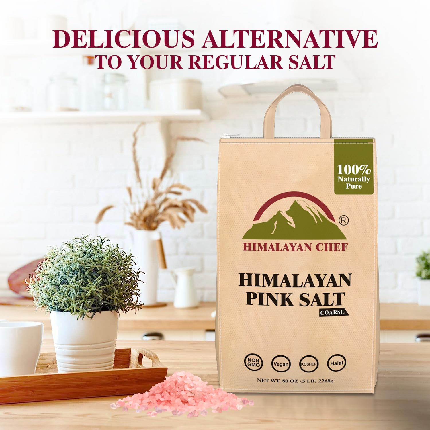 Himalayan Pink Salt Coarse Grain - 5lb Bulk Bag (80oz) for Salt Grinder Refill - 100% Natural, Non-GMO, Vegan, Halal & Kosher Certified - Perfect for Cooking, Seasoning & Gourmet Dishes