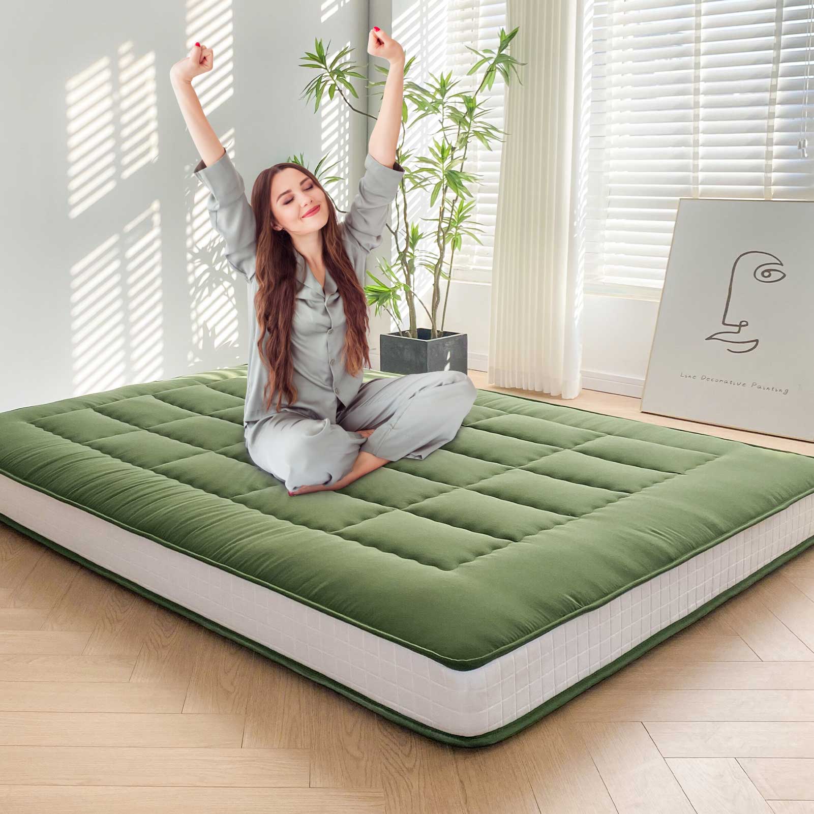 MAXYOYO 6-Inch Extra Thick Japanese Floor Futon Mattress - Premium Diamond Quilting Design for Bedroom, Guest Room & Small Spaces - Green (Queen Size) | Ideal for Apartments, Dorms, Sleepovers & Minimalist Living