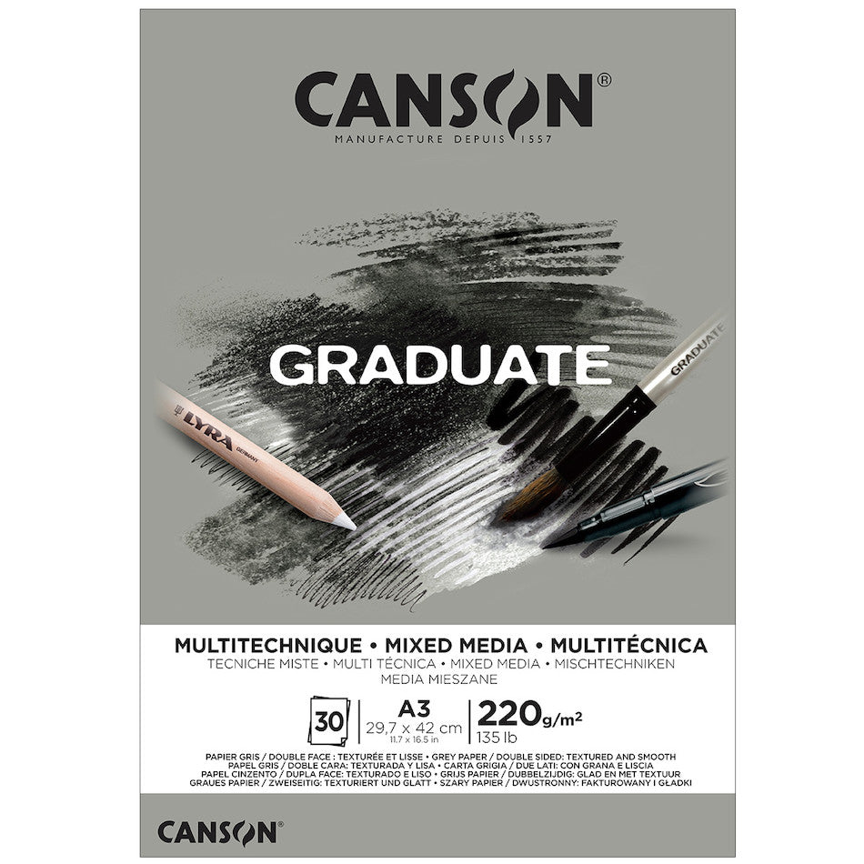 Canson Graduate Grey Mixed Media Pad A3 - 50 Sheets, 160gsm, Acid-Free Paper for Drawing, Sketching & Watercolor - Perfect for Artists & Students