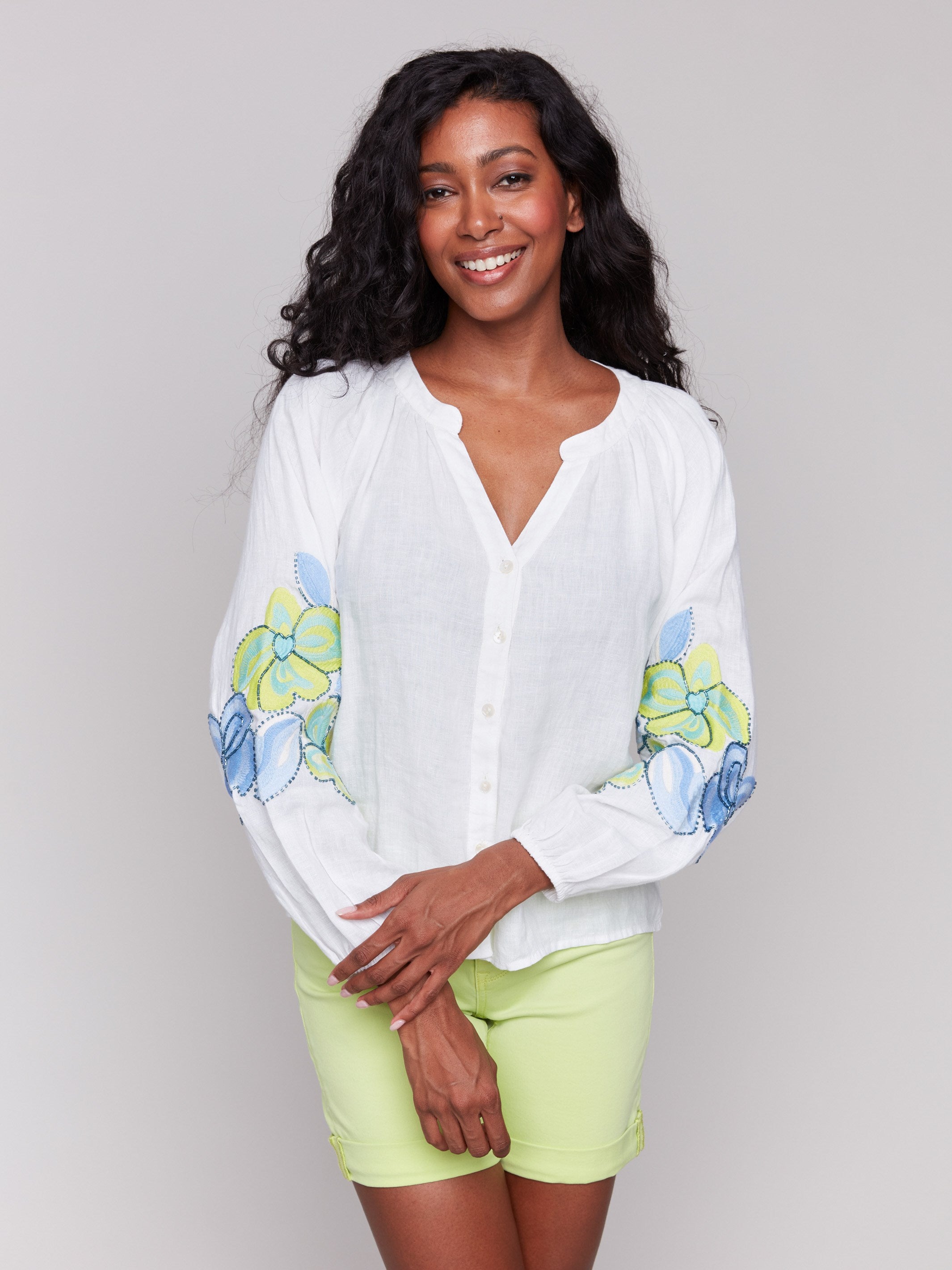 Anise Linen Blend Button Front Embroidered Blouse - Women's Casual Boho Top for Summer Outings & Beach Vacations