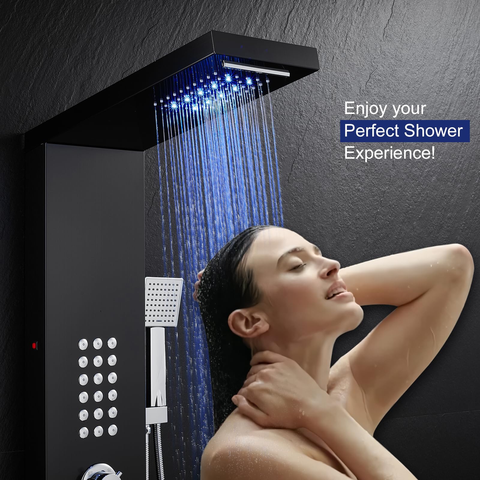 ROVATE 5-in-1 Stainless Steel LED Shower Panel Tower System - Rainfall Waterfall Shower Head with Massage Jets & Handheld Sprayer, High Pressure Shower Tower with Tub Spout (Black) - Perfect for Modern Bathroom Renovation & Spa-Like Shower Experience