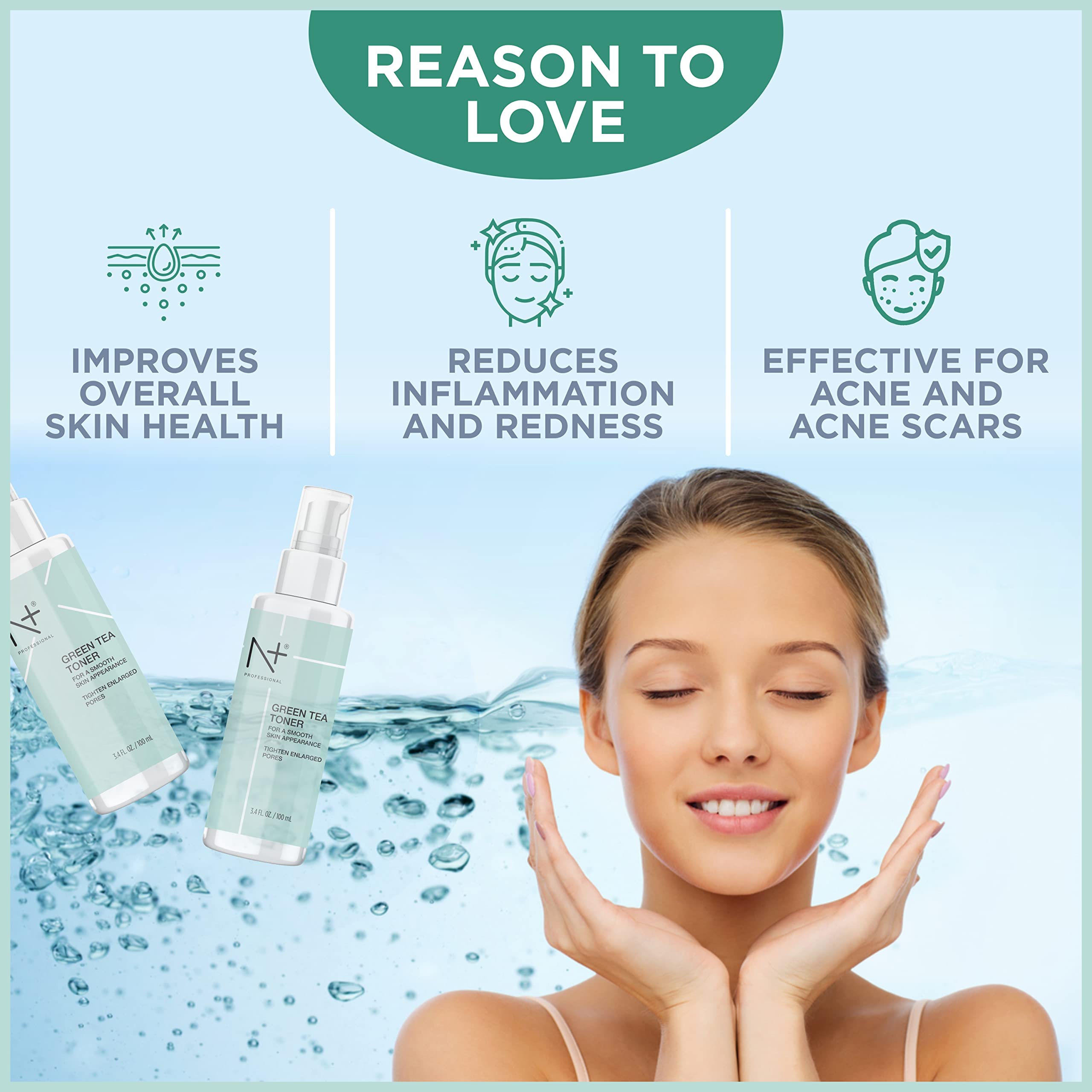 N PLUS Professional Green Tea Toner for Face - Tightens Enlarged Pores, Paraben-Free, 100ml | Hydrating & Refreshing Facial Toner for Daily Skincare Routine