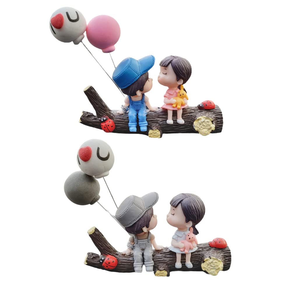 Cute Cartoon Couple Car Ornaments - Lovely Kissing Boy Girl Dashboard Decor for Car Interior | Perfect for Valentine's Day Gifts, Anniversary Presents & Couples Car Accessories | Blue Powder & Love Balloon Design