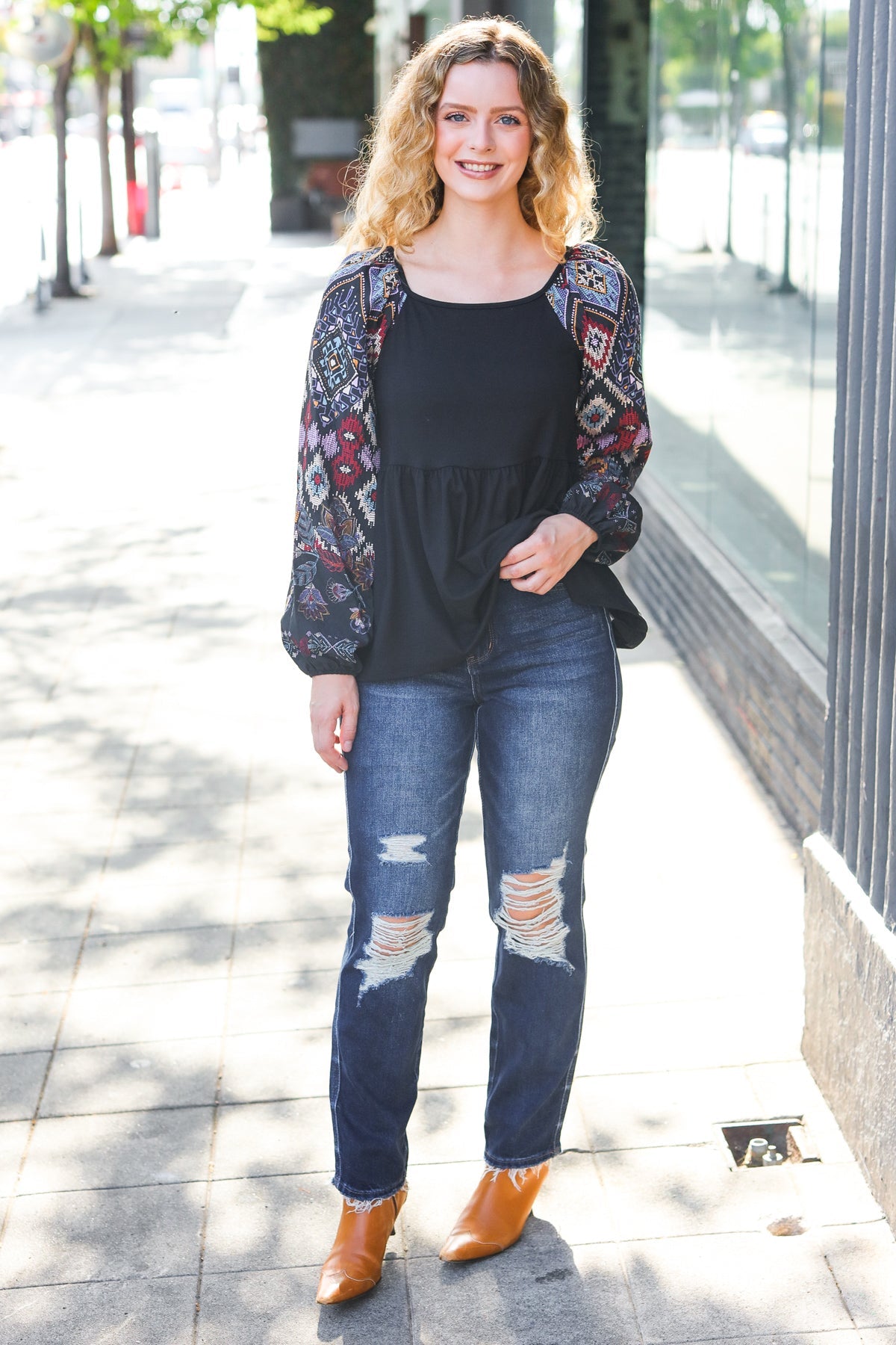 Stylish Black Square Neck Border Print Bubble Sleeve Blouse for Women | Trendy Floral Summer Top | Perfect for Date Night, Office Wear & Casual Outings