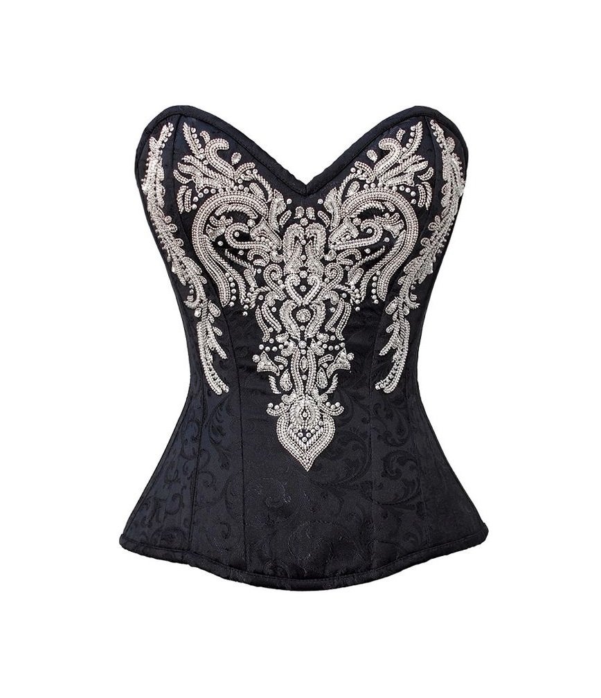 Black Brocade Silver Sequins Burlesque Corset Top - Waist Cincher Overbust Corset for Women | Perfect for Burlesque Shows, Costume Parties & Vintage Lingerie Looks