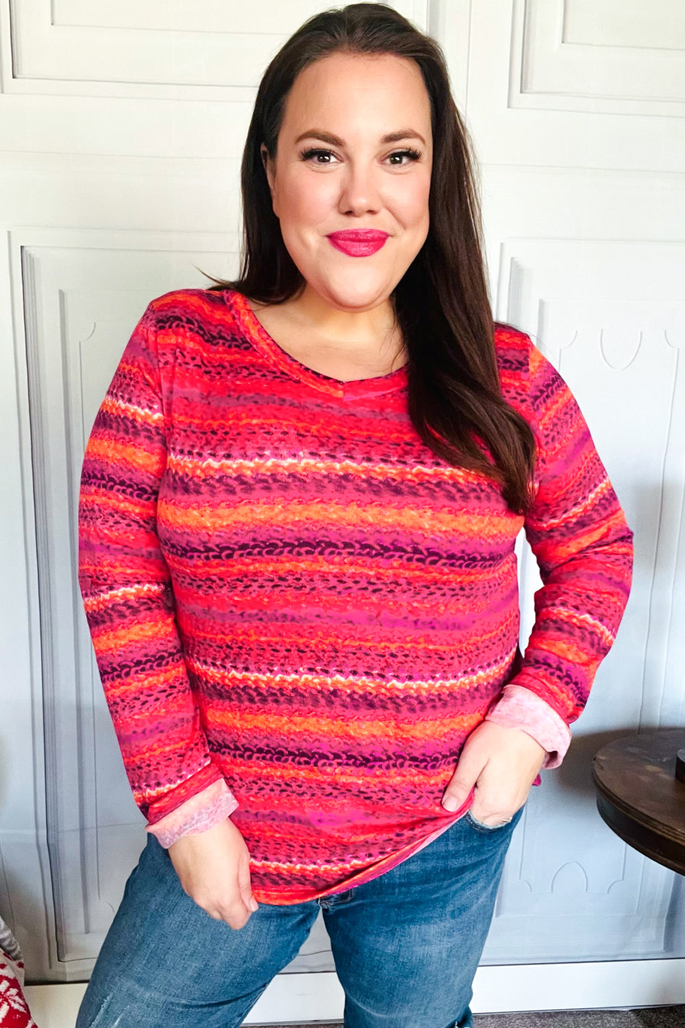 Bold Flame & Magenta Striped Cable Knit Print Hacci Top - Women's Fashion Sweater for Fall & Winter, Perfect for Casual Outfits and Holiday Parties