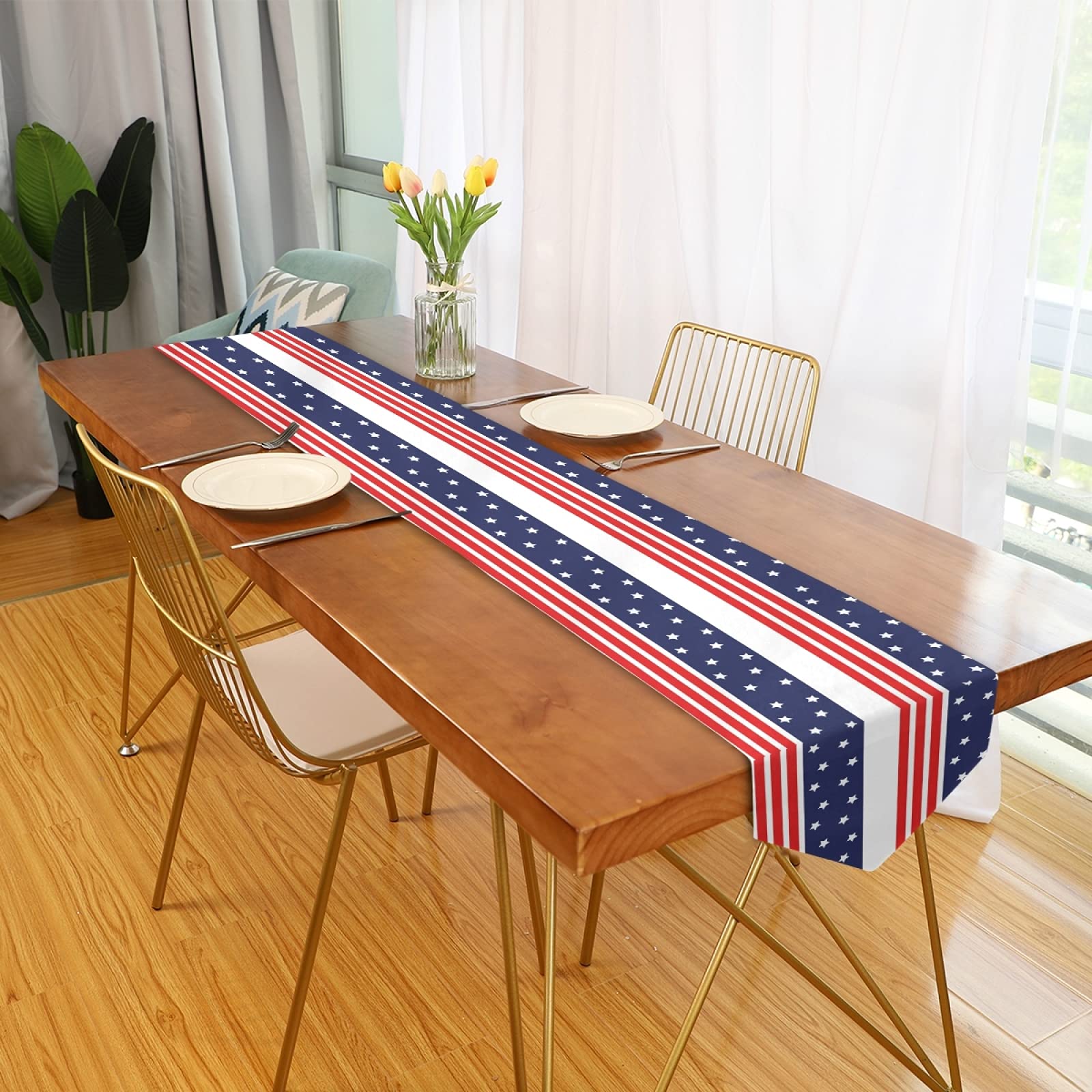 4th of July Patriotic Table Runner - 13x90 Inch USA Flag Stripes & Stars Fabric Tablecloth for Independence Day, Labor Day, Memorial Day - Perfect for Kitchen Dining Table Decor, Party & Holiday Celebrations