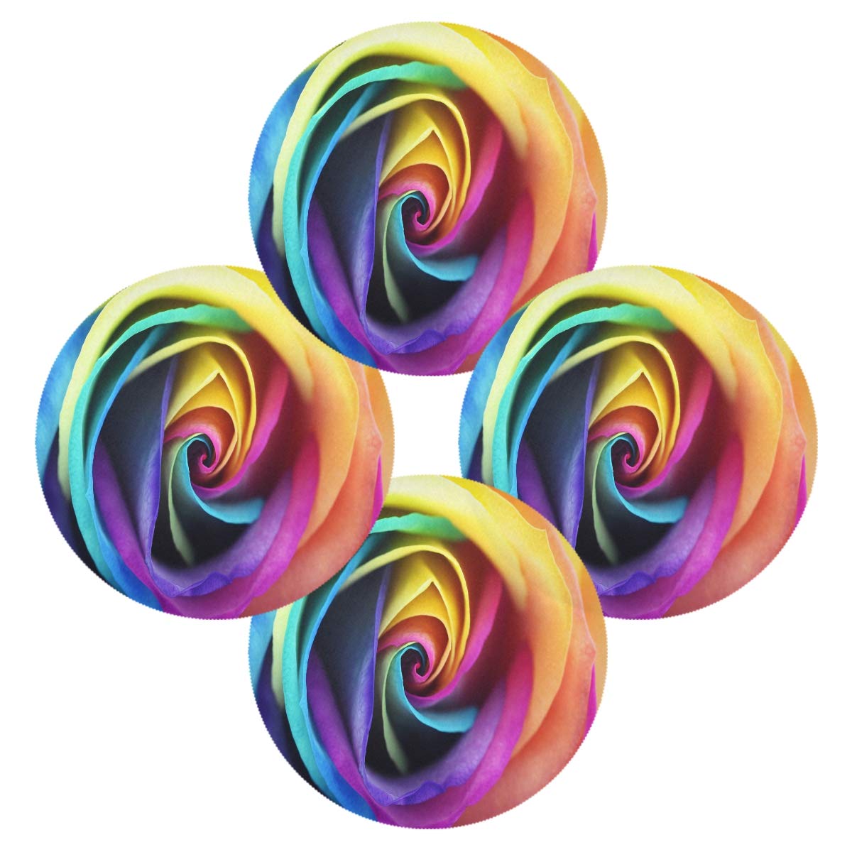 Blueangle Rainbow Rose Placemats - Set of 4 Round Non-Slip Table Mats for Dining, Heat Resistant & Decorative - Perfect for Kitchen, Restaurant, and Party Decor
