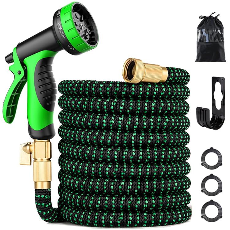 75 ft Expandable Garden Hose - Kink Free Flexible Water Hose 75ft with 10 Pattern Spray Nozzle, 3/4 Inch Solid Brass Connectors, Retractable Latex Core - Lightweight Expanding Hose for Lawn, Yard, Car Washing, and Outdoor Watering