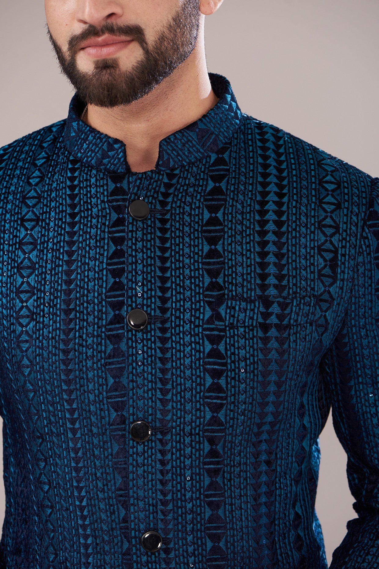 Midnight Blue Velvet Embroidered Bandhgala Jacket for Men - Elegant Indian Wedding Sherwani - Perfect for Grooms, Festivals & Special Occasions