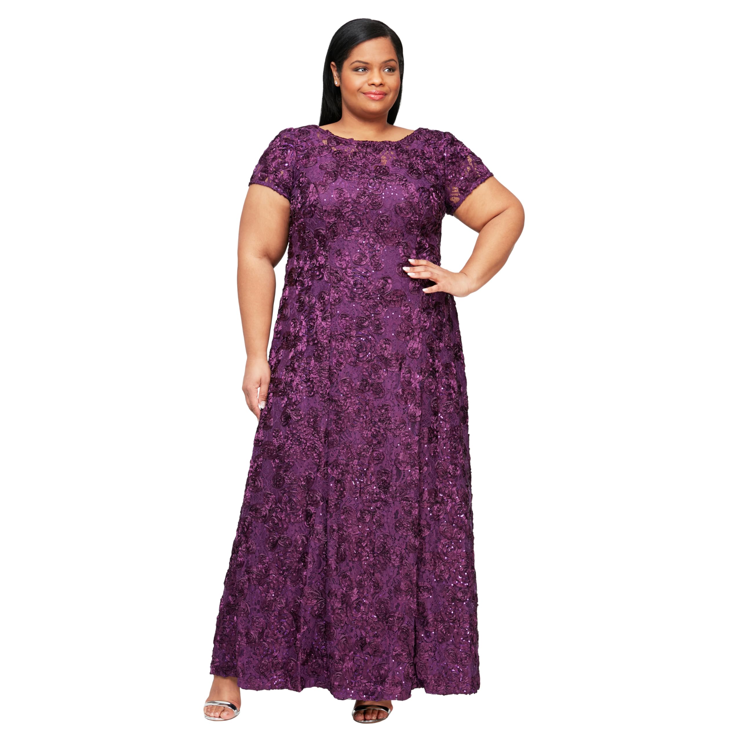 Alex Evenings Women's Plus Size Long Rosette Mother of The Bride Dress - Elegant Short Sleeve Formal Gown for Weddings, Parties & Special Occasions