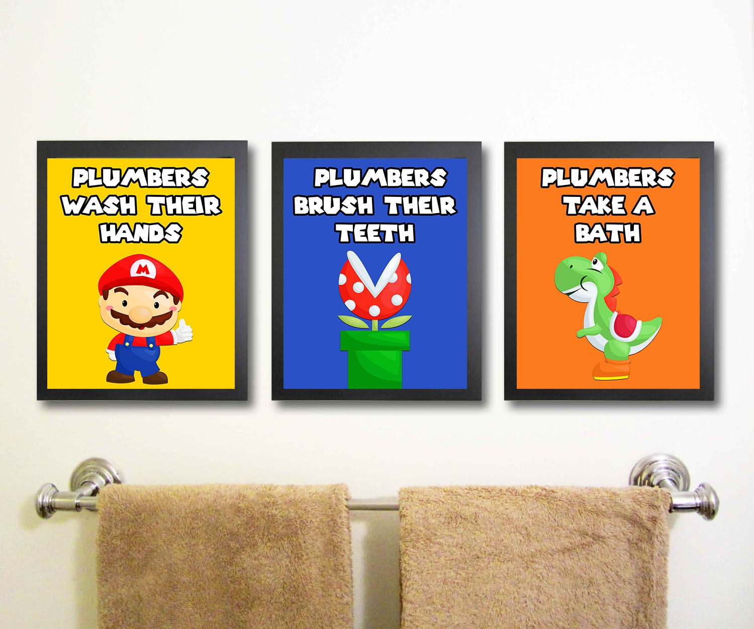 Bright Hero Plumber Brothers Wall Art - 3-Piece Bathroom Decor for Gamers