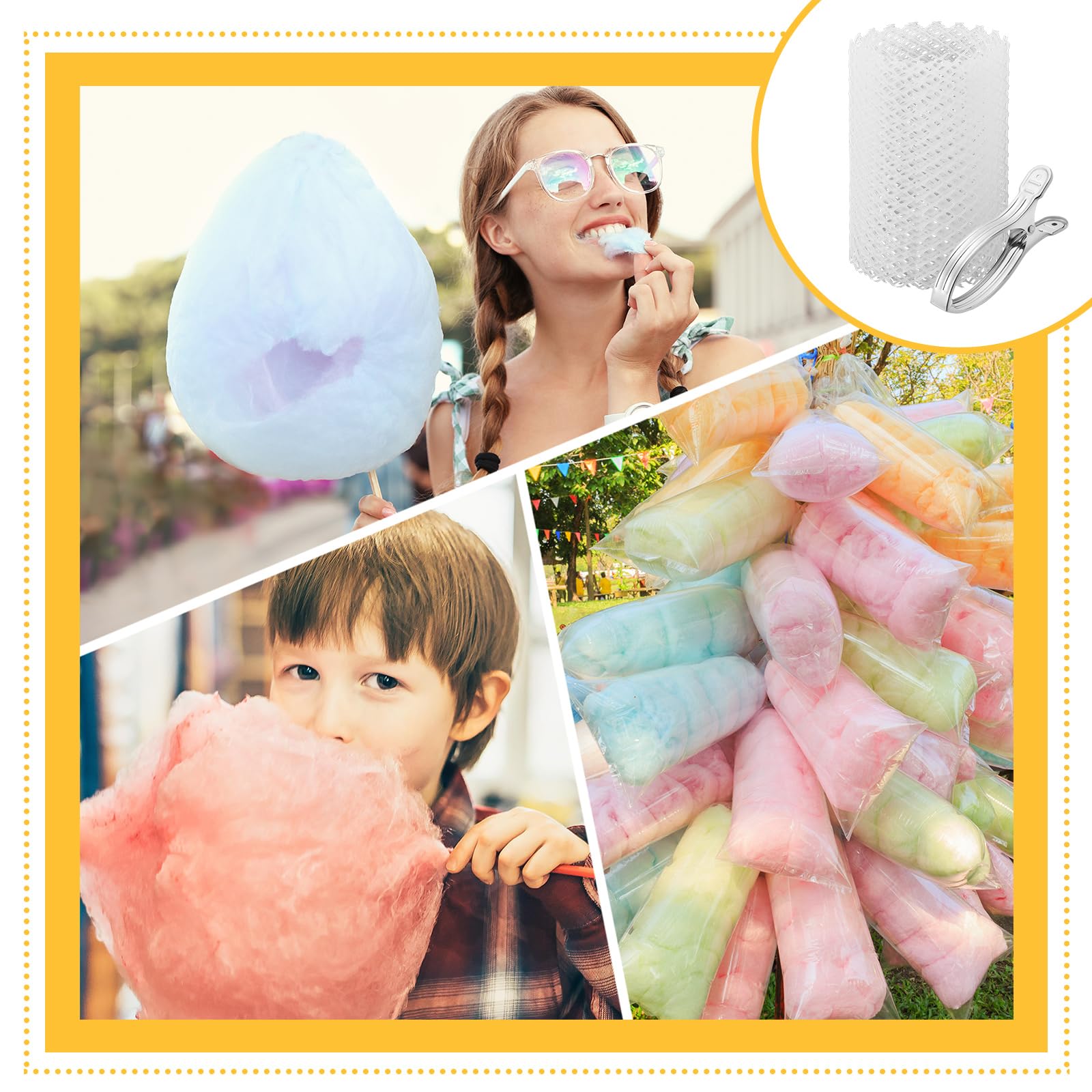 Juexica 3-Piece Cotton Candy Mesh & Clip Stabilizer Kit - Includes 3 Cotton Candy Meshes & 12 Clip Stabilizers - Candy Making Supplies for Cotton Candy Machines - Perfect for Parties, Carnivals & Home Use