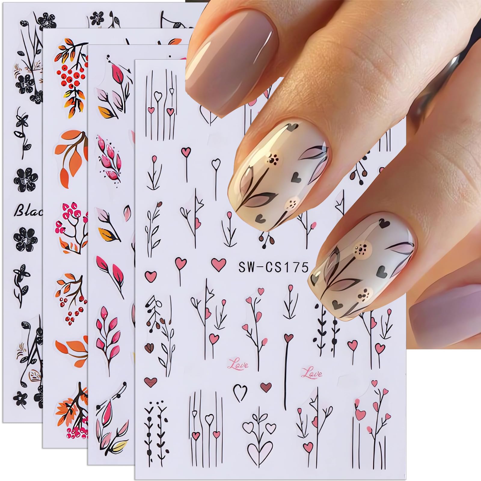 6PCS 3D Flower & Leaf Nail Art Stickers - Self-Adhesive Summer Floral Nail Decals for Women | Fall Nail Decorations & Nail Art Supplies | Perfect for Manicures, Parties, Weddings & Special Occasions