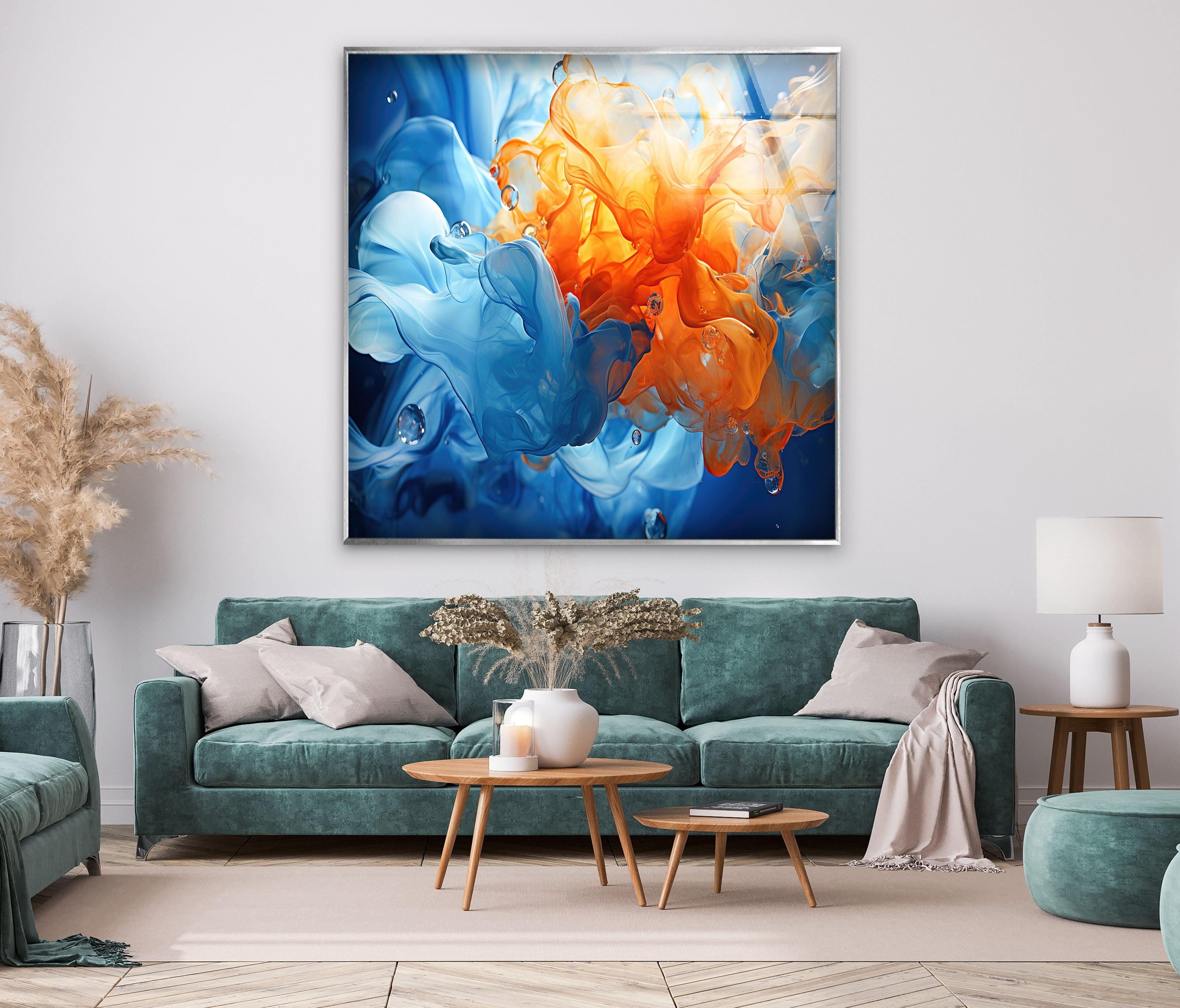 Blue & Orange Abstract Glass Wall Art - Modern Handmade Glass Decor for Living Room, Bedroom, Office - Unique Home & Interior Design Gift Idea