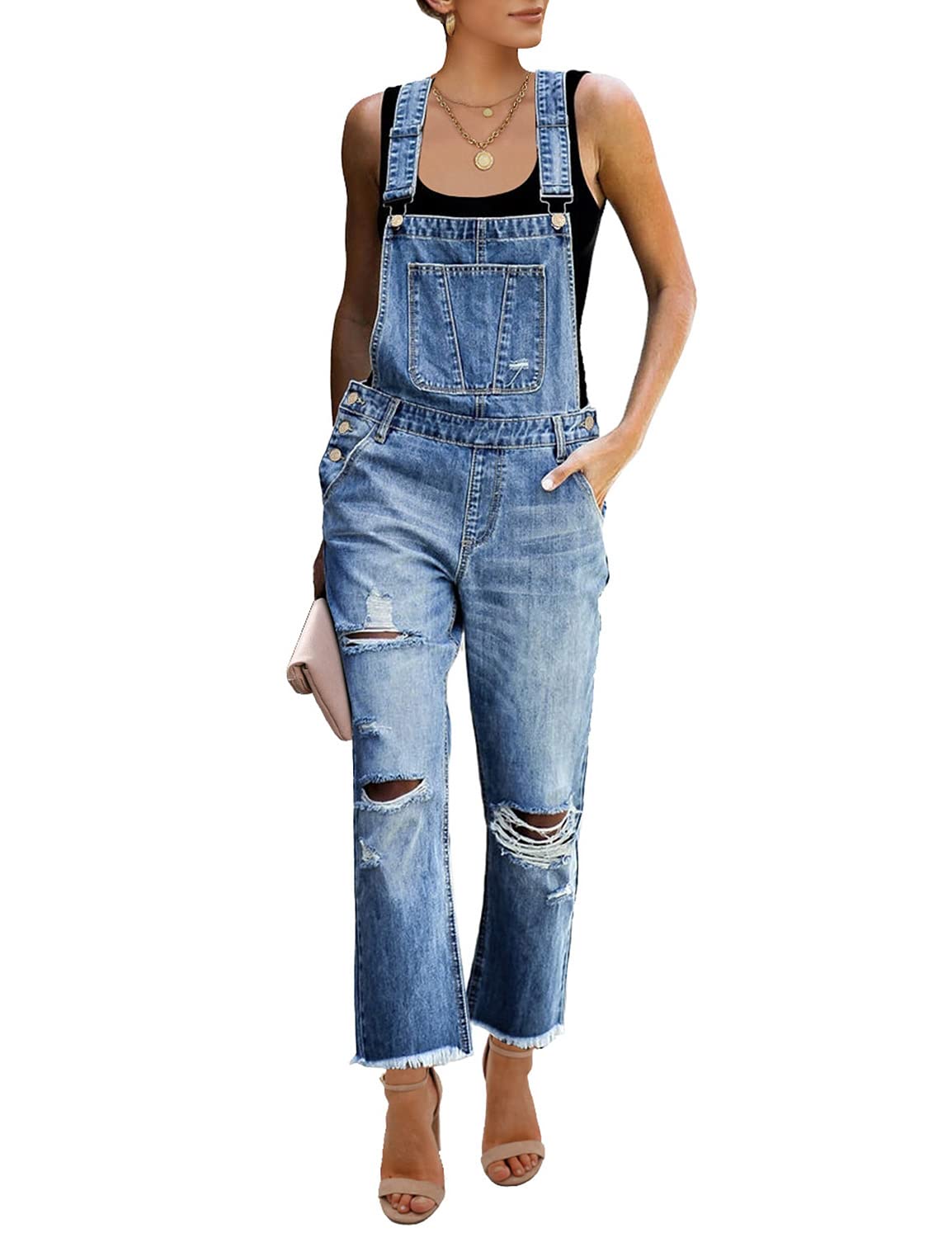 LookbookStore Women's Stretch Ripped Denim Bib Overalls - Comfortable Casual Jumpsuit Pants for Everyday Wear, Work & Outdoor Activities