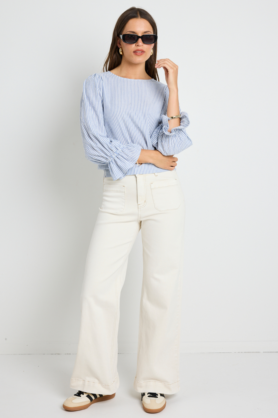 Imagine Blue Stripe Shirred Back Long Sleeve Top for Women | Casual & Chic Blouse for Everyday Wear | Perfect for Office, Dates & Outings