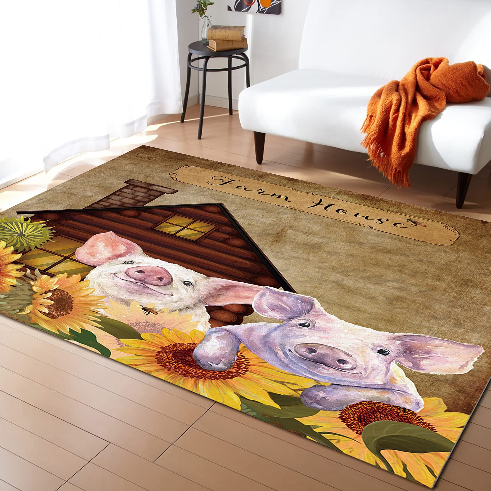 5'x7' Large Rectangle Washable Non-Slip Area Rug - Farmhouse Sunflower & Pig Design for Living Room, Nursery, Bedroom - Luxury Home Decor & Retro Photo Backdrop (Perfect for Farmhouse Style, Kids Rooms & Instagrammable Spaces)