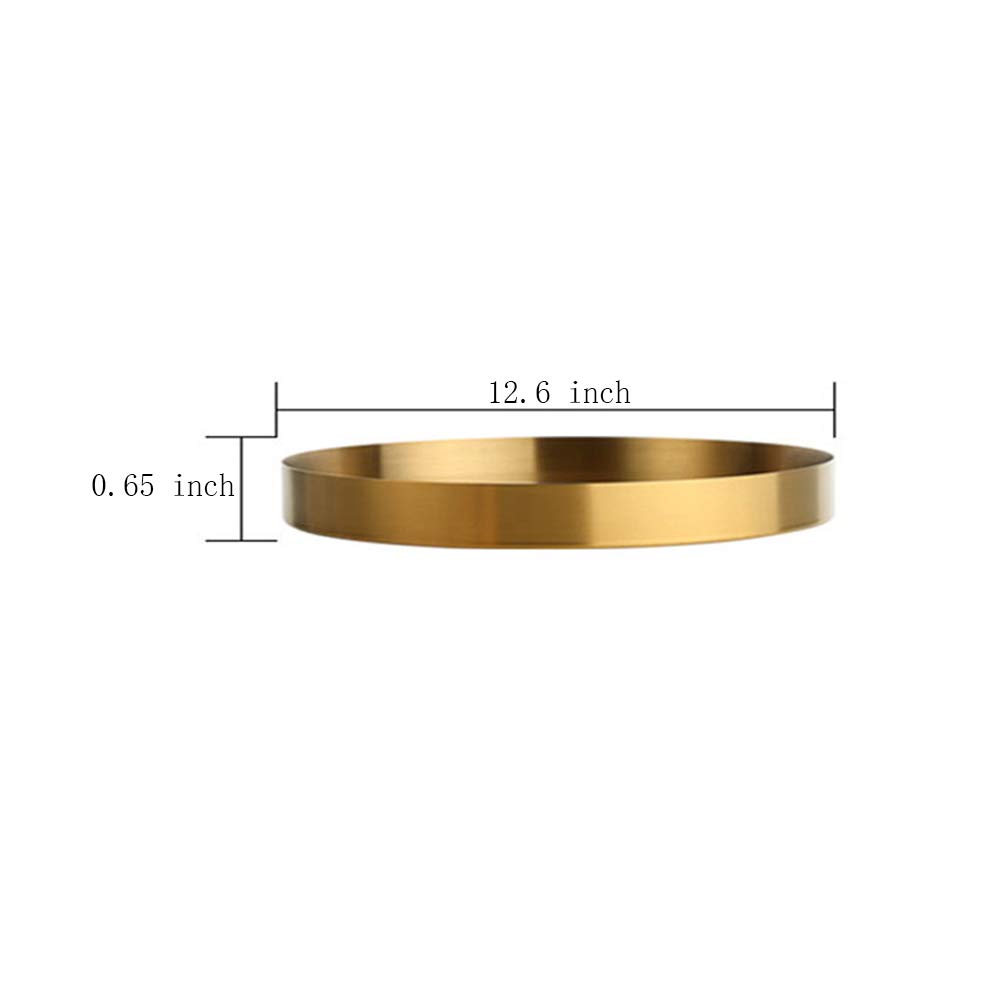 12.6 Inch Round Gold Brass Decorative Tray - Stainless Steel Serving Tray for Vanity Organizer, Perfume Display, Coffee Table Decor, Kitchen & Bathroom Storage - Elegant Home Decor for Modern Living Spaces