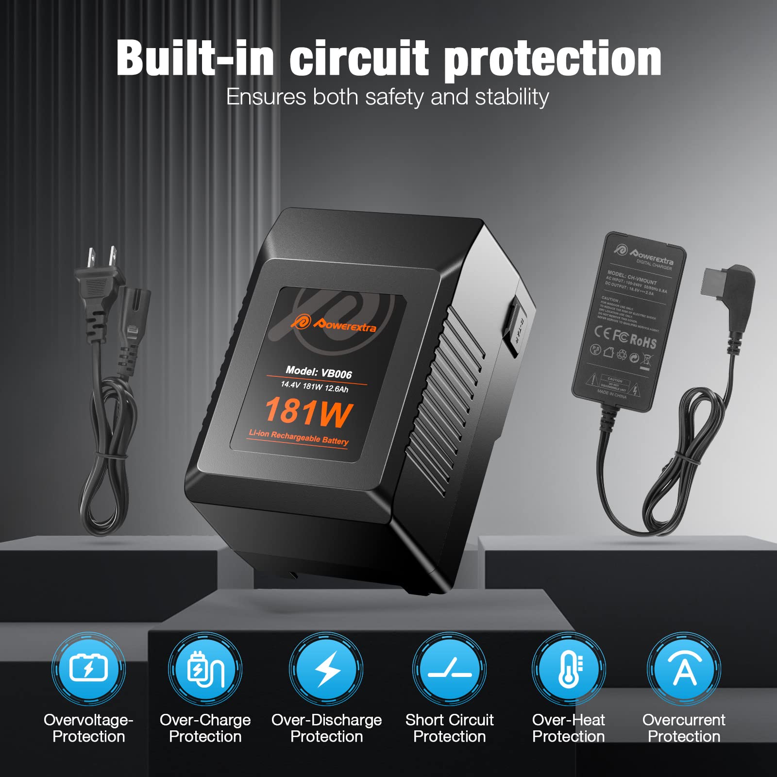 Powerextra V-Lock Battery with 45W PD Fast Charging - 181Wh High Capacity for Sony, Canon, Panasonic Cameras - Perfect for Photography, Videography & On-the-Go Power Needs