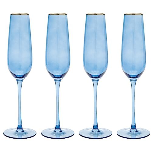 Vikko 8.5oz Champagne Flutes Set of 4 - Elegant Blue with Gold Rim Crystal Clear Sparkling Wine Glasses for Wedding Toasts, Anniversary Celebrations & Romantic Dinners